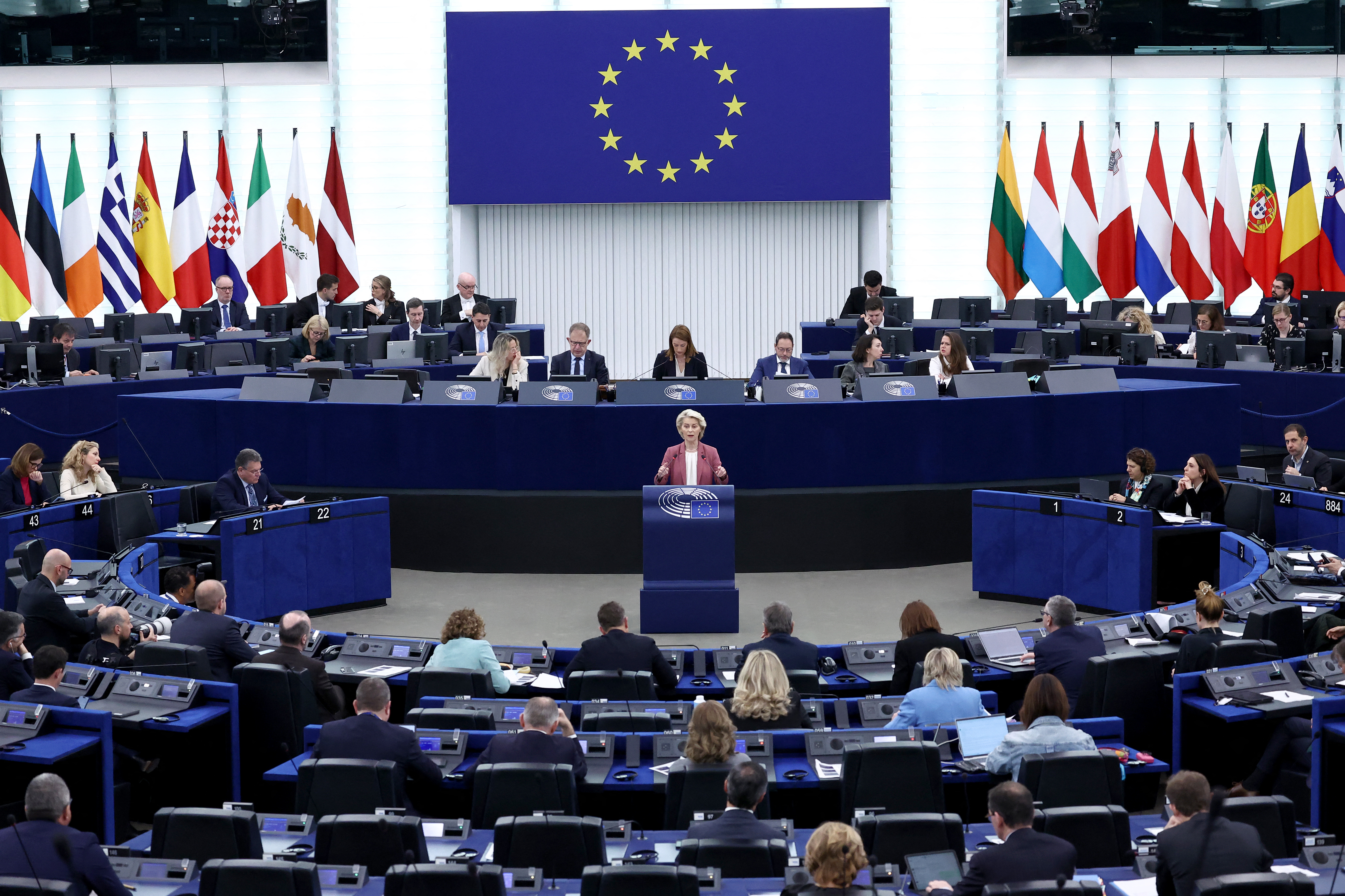 European Commission President Ursula von der Leyen speaks during a joint debate on the preparation of the European Council meeting. (Photo by FREDERICK FLORIN / AFP)