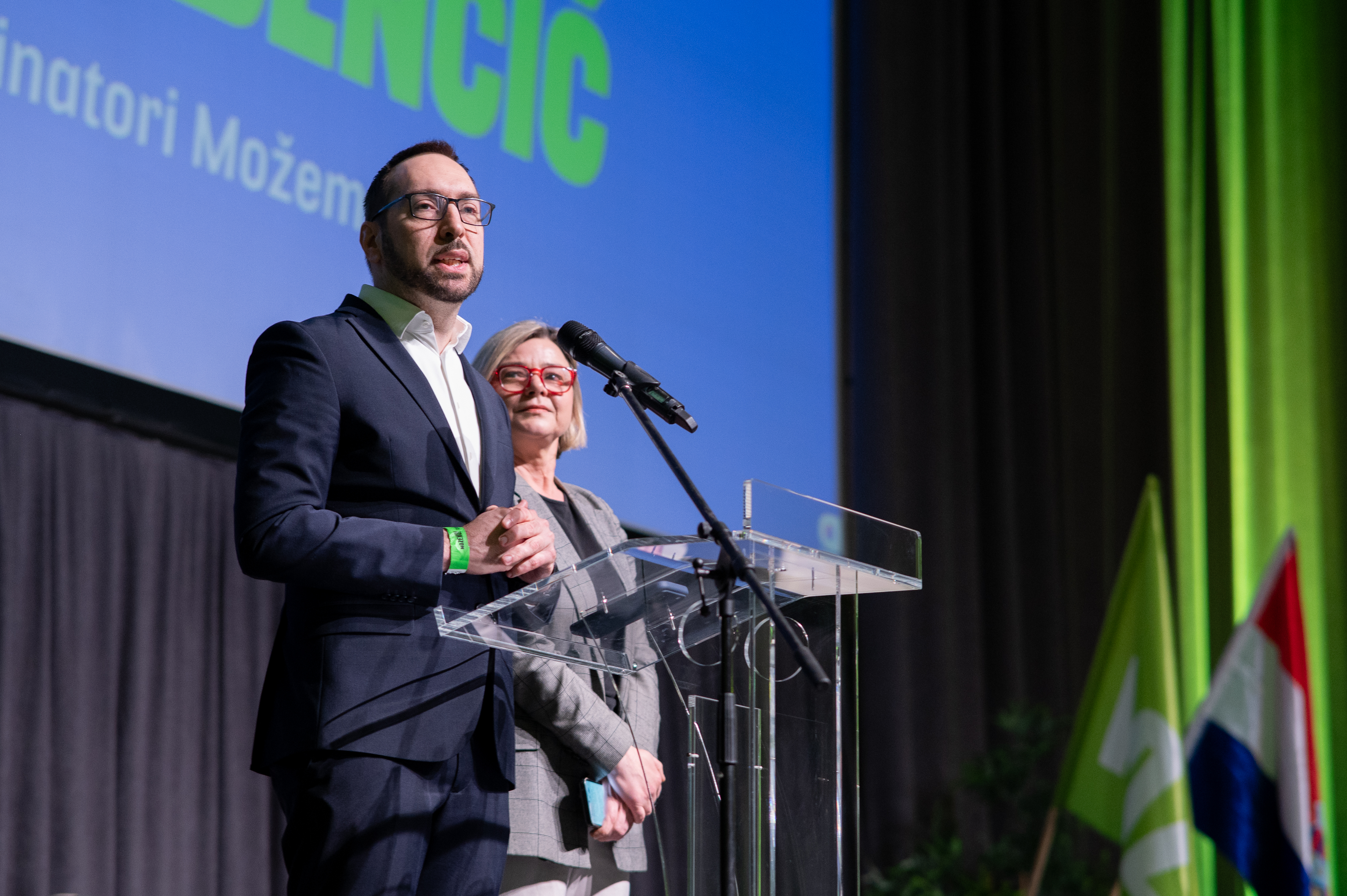 14.03.2026., Zagreb - Izborna skupstina stranke Mozemo! u Mozaik event centru. Tomislav Tomasevic i Sandra Bencic Photo: Luka Antunac/PIXSELL