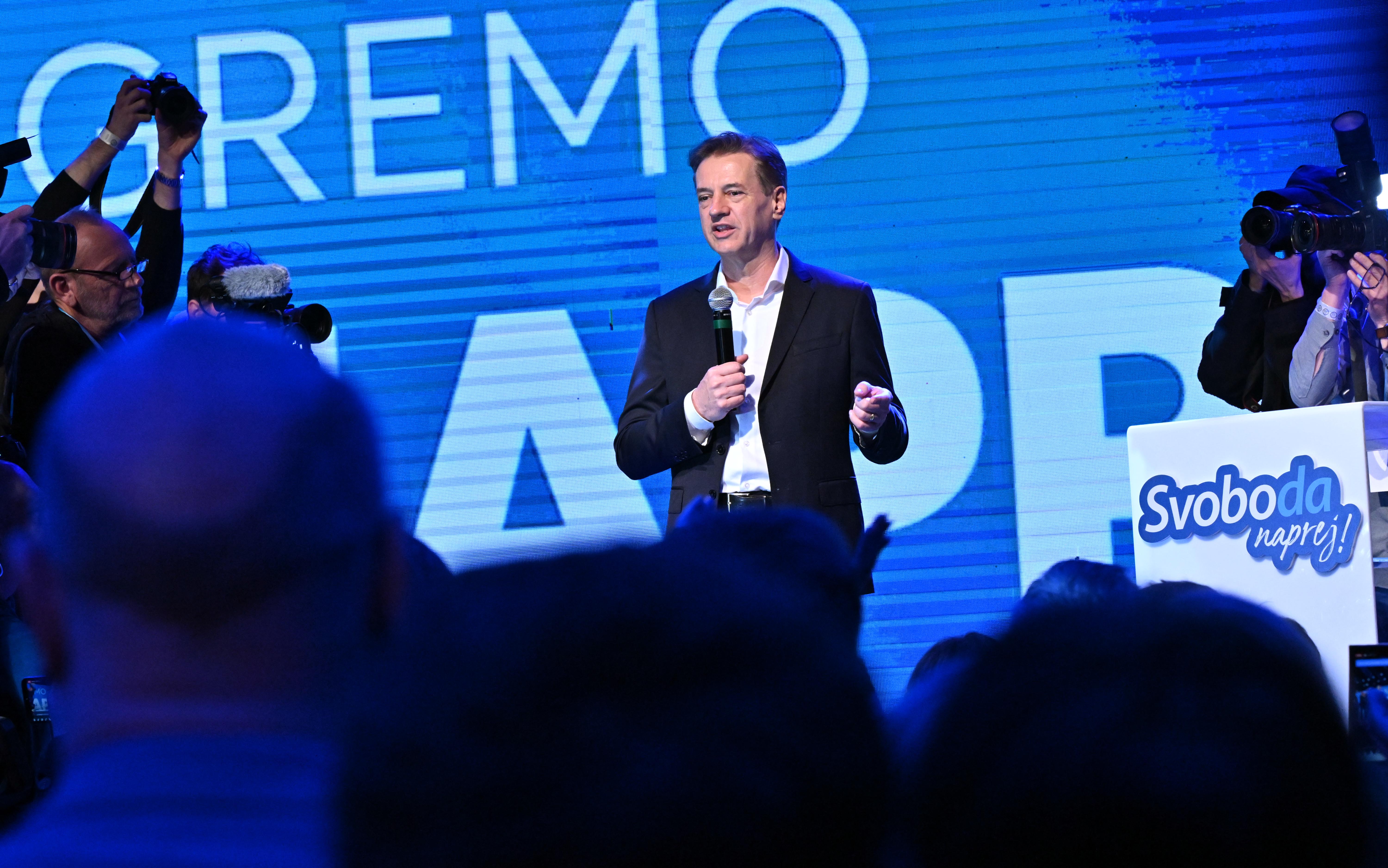 Slovenija, Ljubljana, 22.03.2026, Člani stranke Gibanje Svoboda čakajo na rezultate državnozborskih volitev. Robert Golob