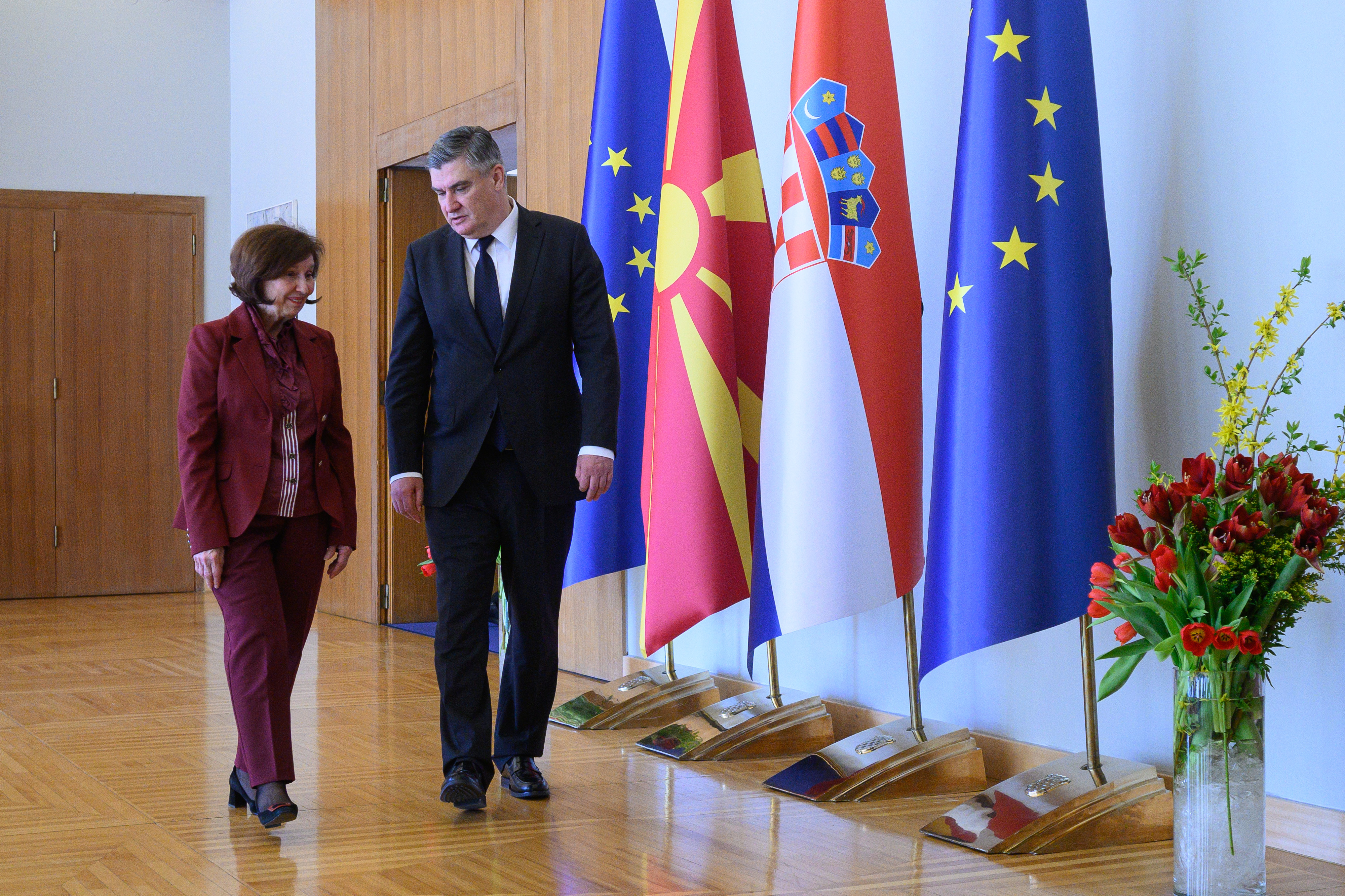 24.03.2026., Zagreb -  Izjave za medije predsjednika Republike Hrvatske Zorana Milanovica i predsjednice Republike Sjeverne Makedonije Gordane Siljanovske-Davkove nakon zajednickog sastanka.  Photo: Davor Puklavec/PIXSELL