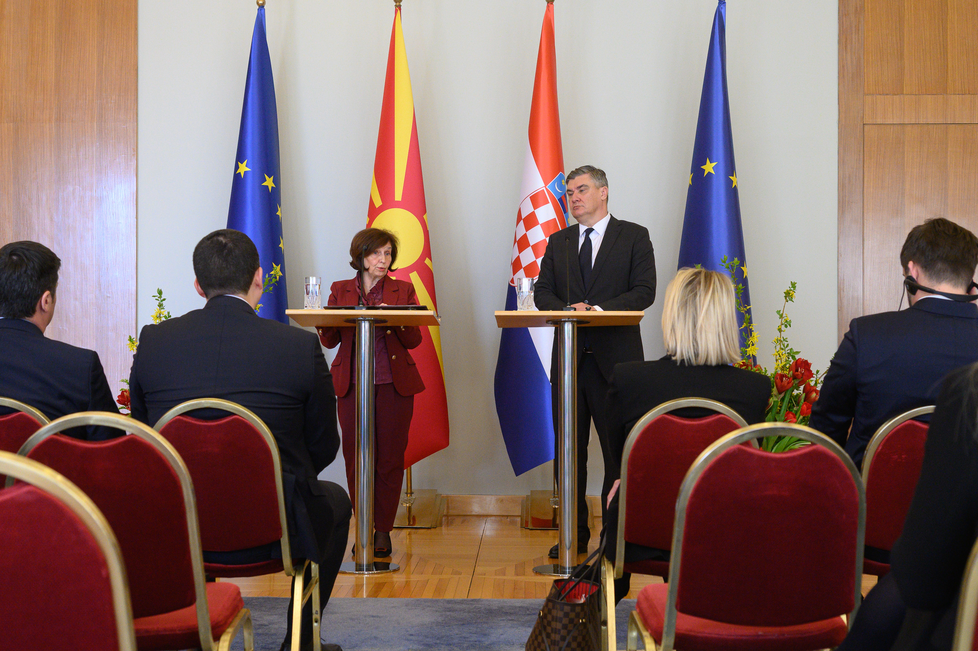 24.03.2026., Zagreb -  Izjave za medije predsjednika Republike Hrvatske Zorana Milanovica i predsjednice Republike Sjeverne Makedonije Gordane Siljanovske-Davkove nakon zajednickog sastanka.  Photo: Davor Puklavec/PIXSELL