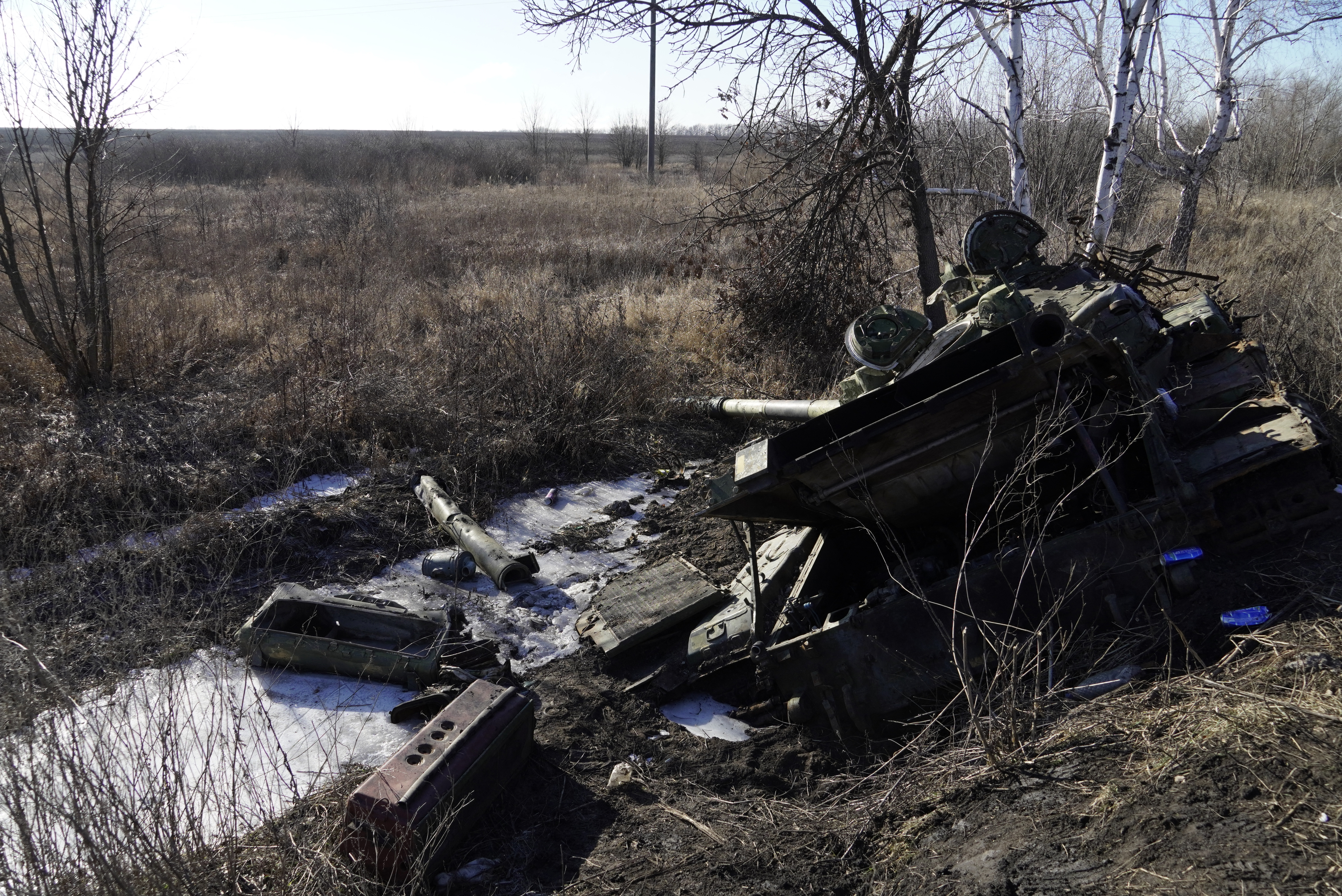A destroyed tank is pictured in the Russian-controlled town of Severodonetsk. (Photo by AFP)
