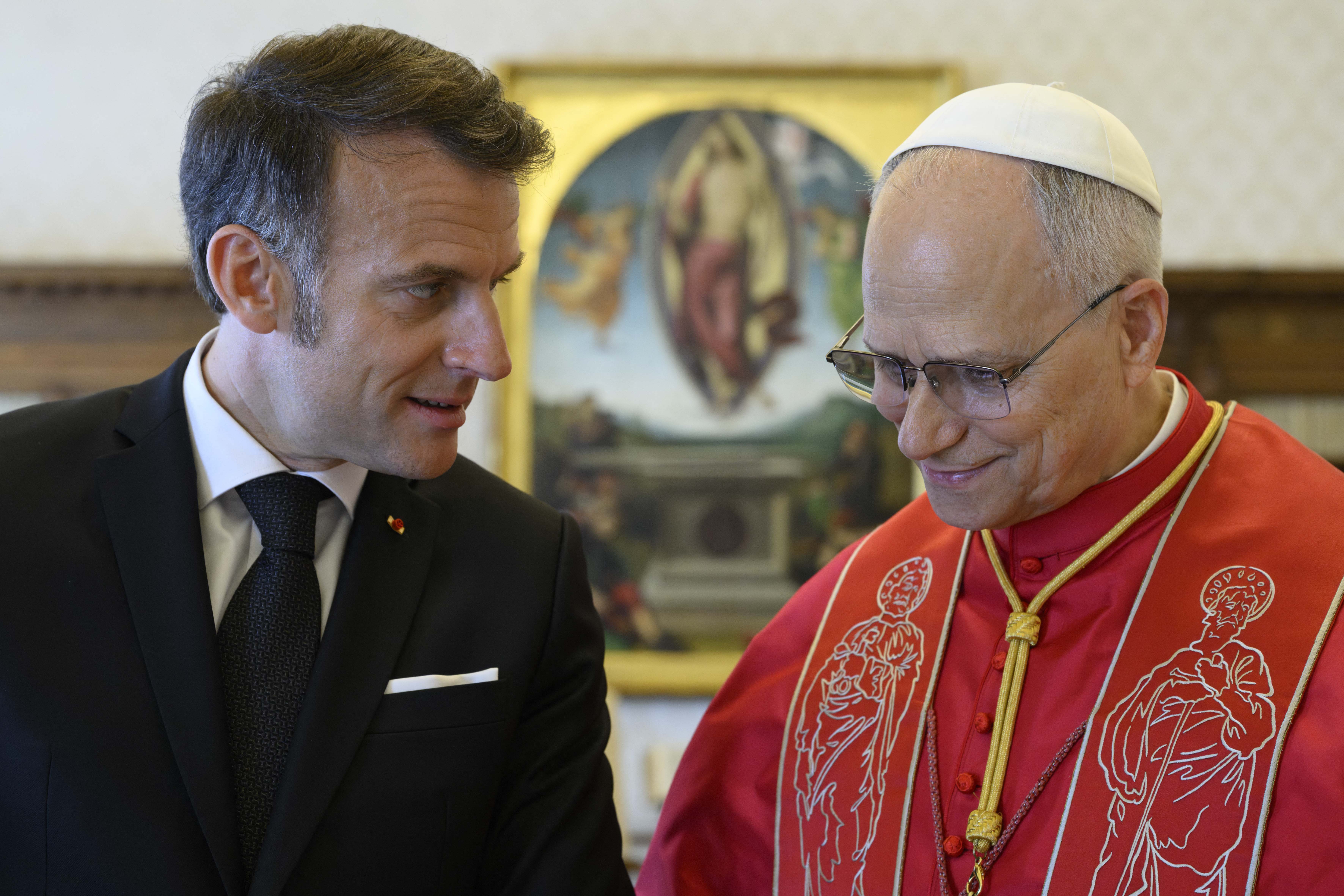 Pope Leo XIV, Emmanuel Macron in The Vatican. (Photo by Handout / VATICAN MEDIA / AFP)
