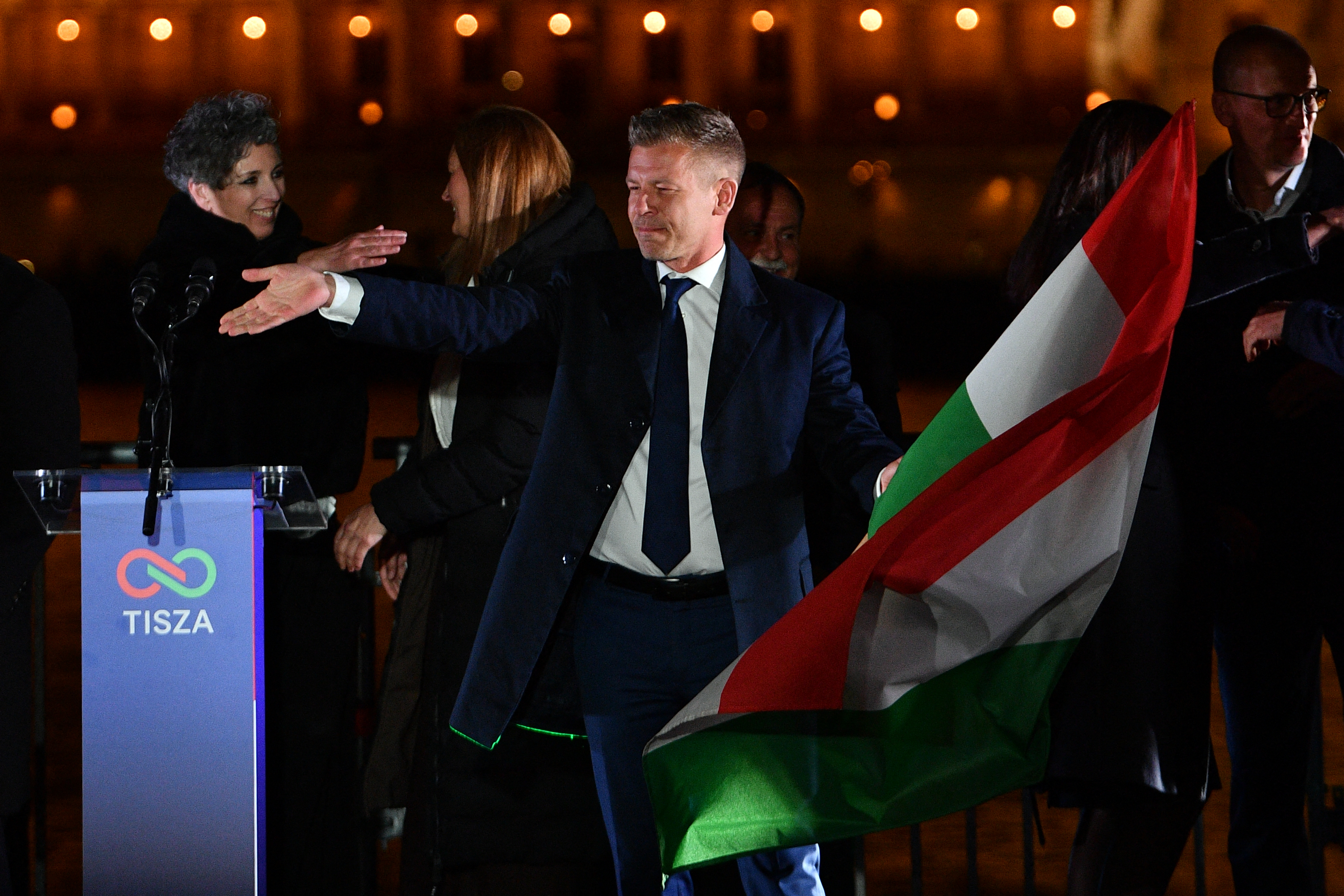 Peter Magyar, leader of the pro-European conservative TISZA party. (Photo by Ferenc ISZA / AFP)