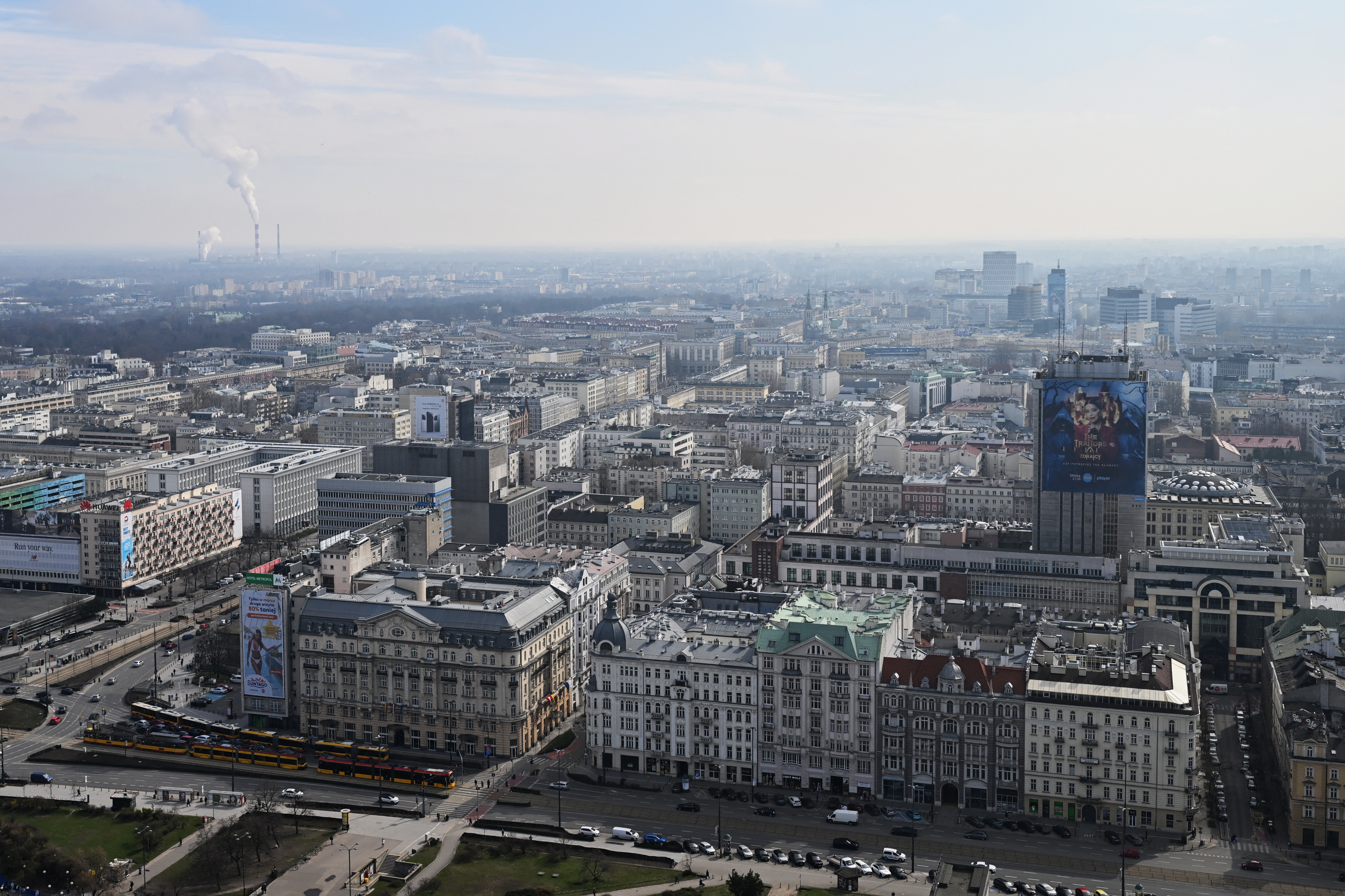 This photograph taken on March 20, 2024 shows a panoramic view of Warsaw, seen from the Palace of Culture and Science. (Photo by Sergei GAPON / AFP)