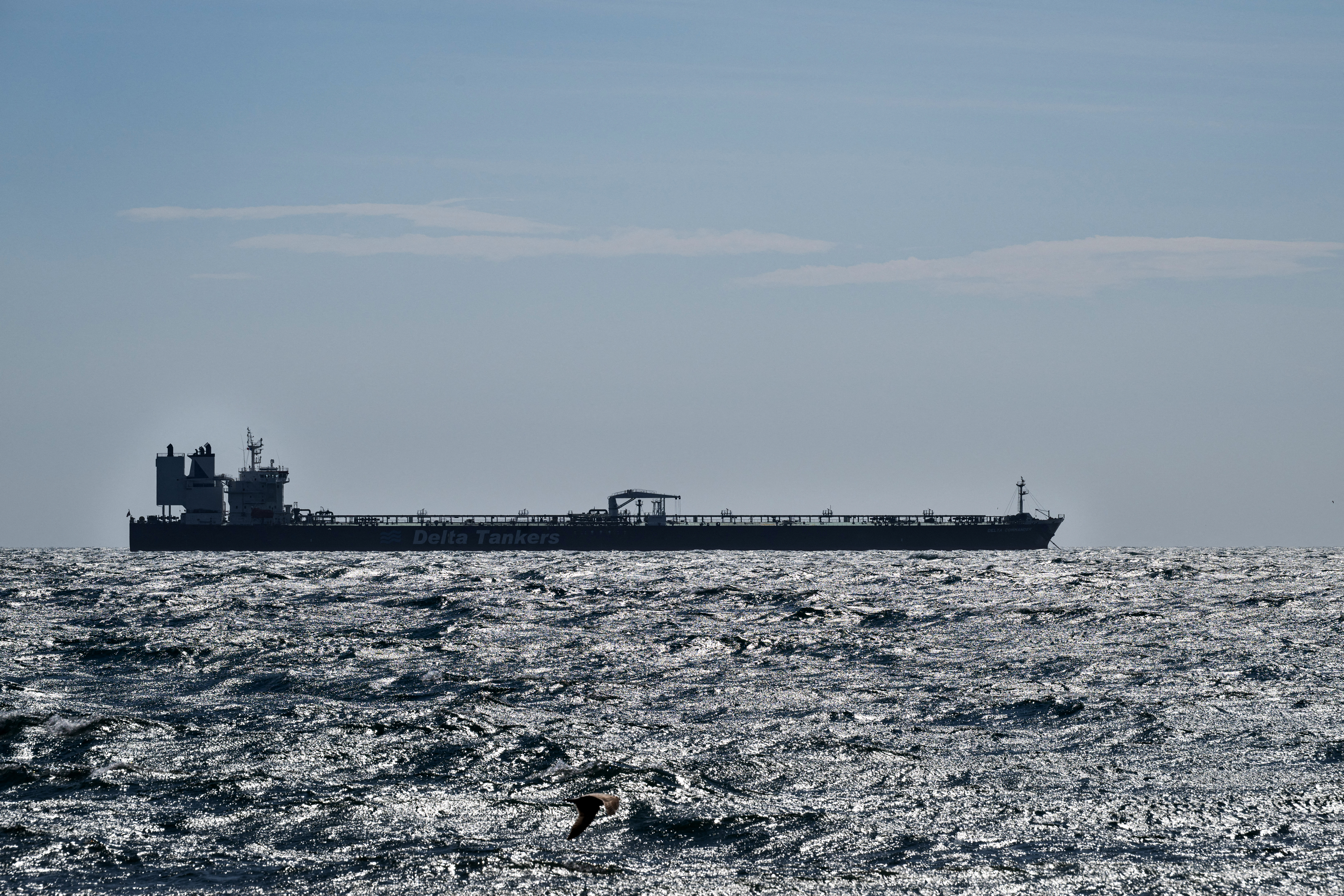 This photograph taken from the beach "Plage des Rainaires" in Martigues, southern France shows the oil tanker "Delta tankers" in the sea, on March 25, 2026. (Photo by Elodie CLEMENT / AFP)