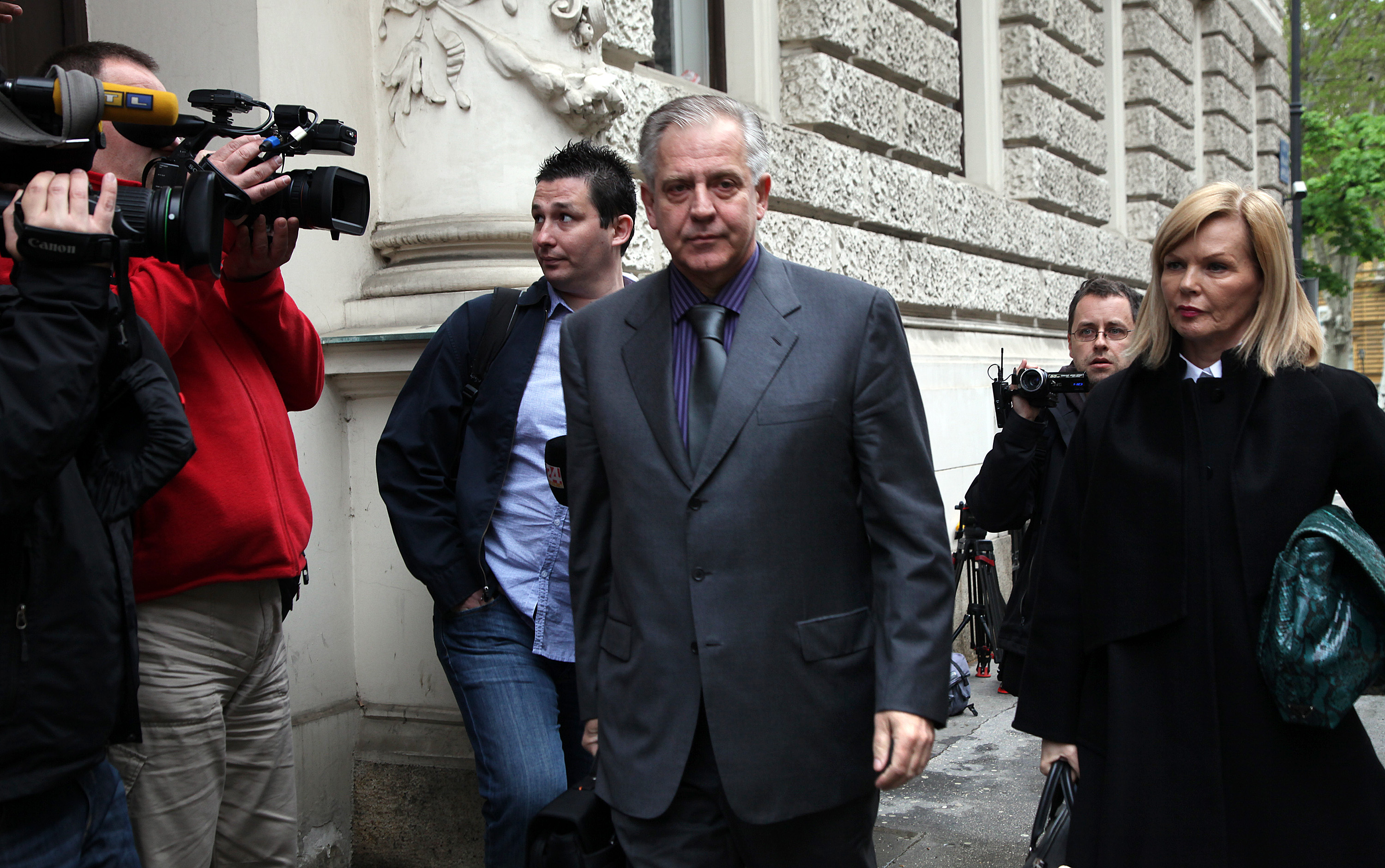 16.04.2012., Zagreb - Ivo Sanader s odvjetnicom Jadrankom Slokovic dolazi na Zupanijski sud na pocetak sudjenja u aferi Fimi medija. Photo: Zarko Basic/PIXSELL