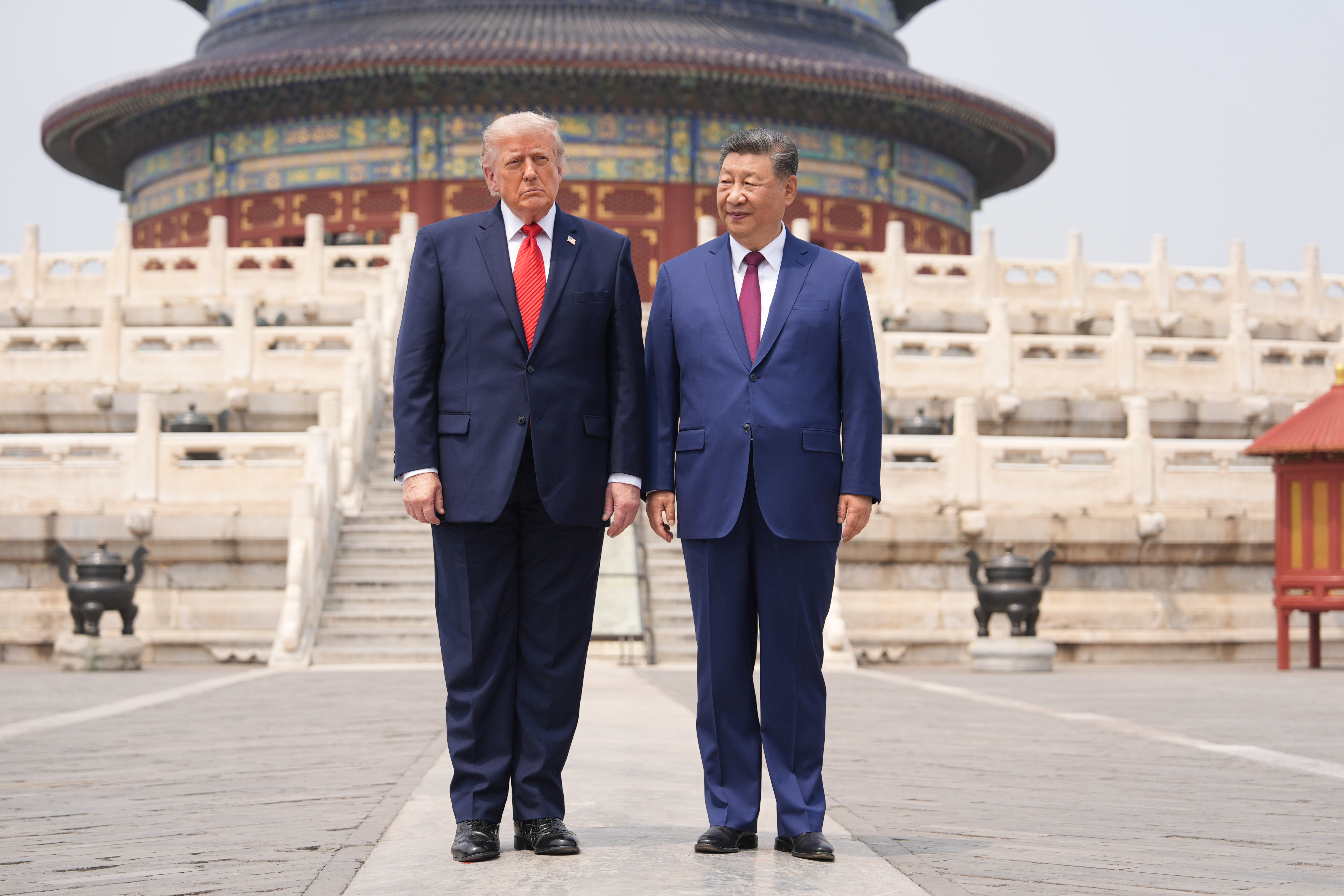 President Donald Trump poses with Chinese President Xi Jinping at the Temple of Heaven on Thursday May 14, 2026, in Beijing. (AP Photo/Mark Schiefelbein)
