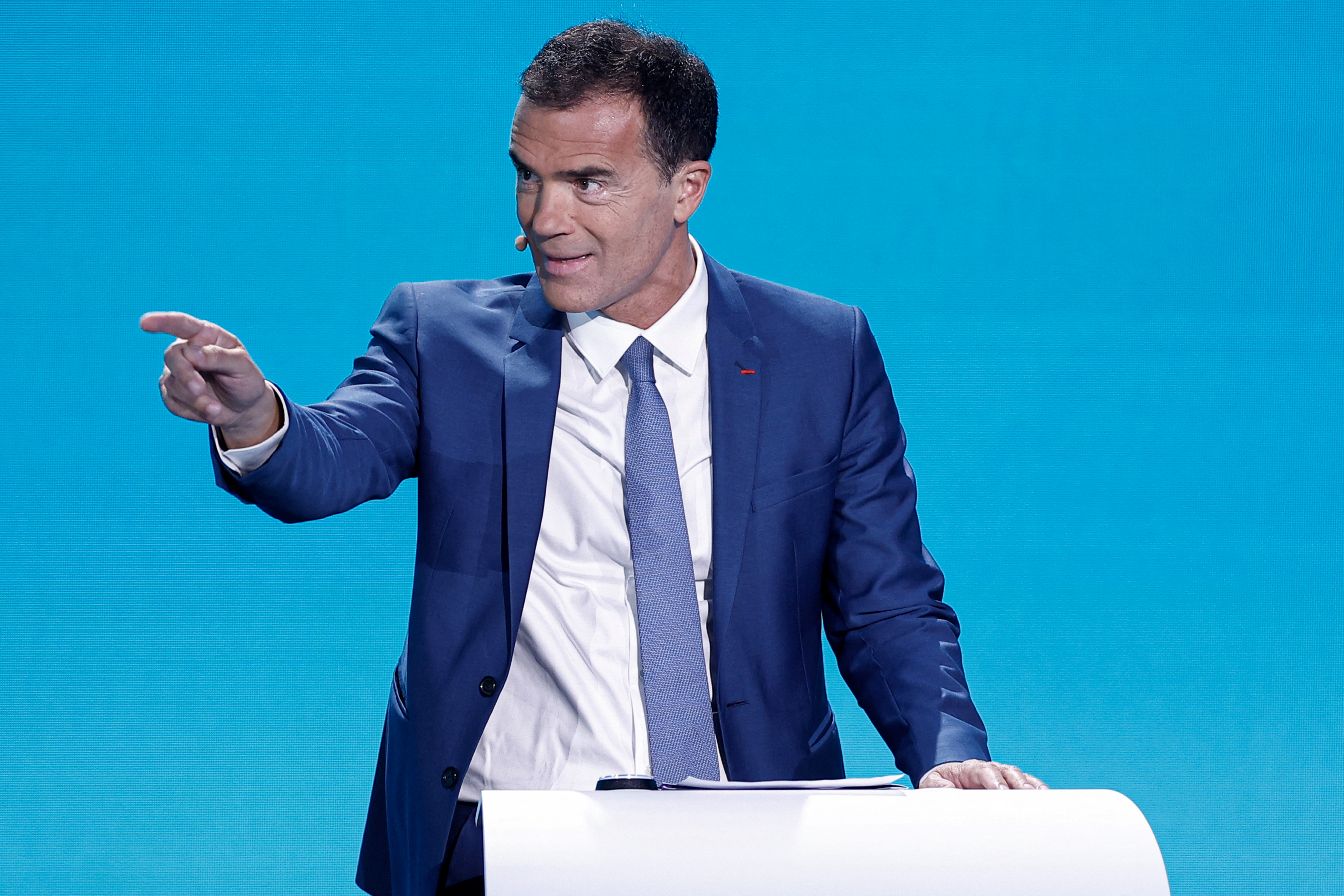 The group Renew Italian candidate for the presidency of the European Commission, Sandro Gozi speaks during a debate at the European Parliament in Brussels, on May 23, 2024. (Photo by Kenzo TRIBOUILLARD / AFP)