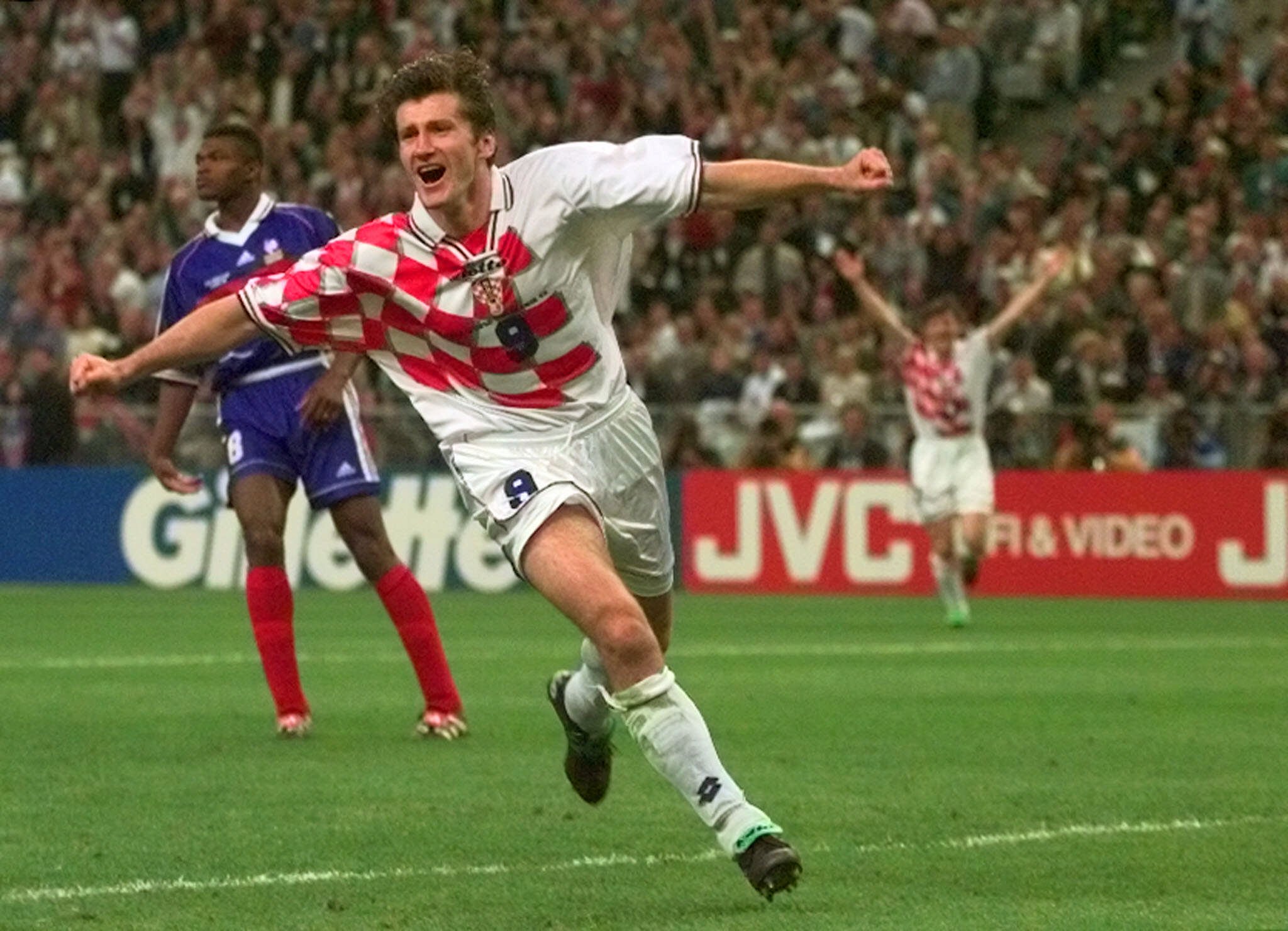 Croatia's Davor Suker celebrates after scoring the first goal during the soccer World Cup 98 semifinal. (AP Photo/Luca Bruno)