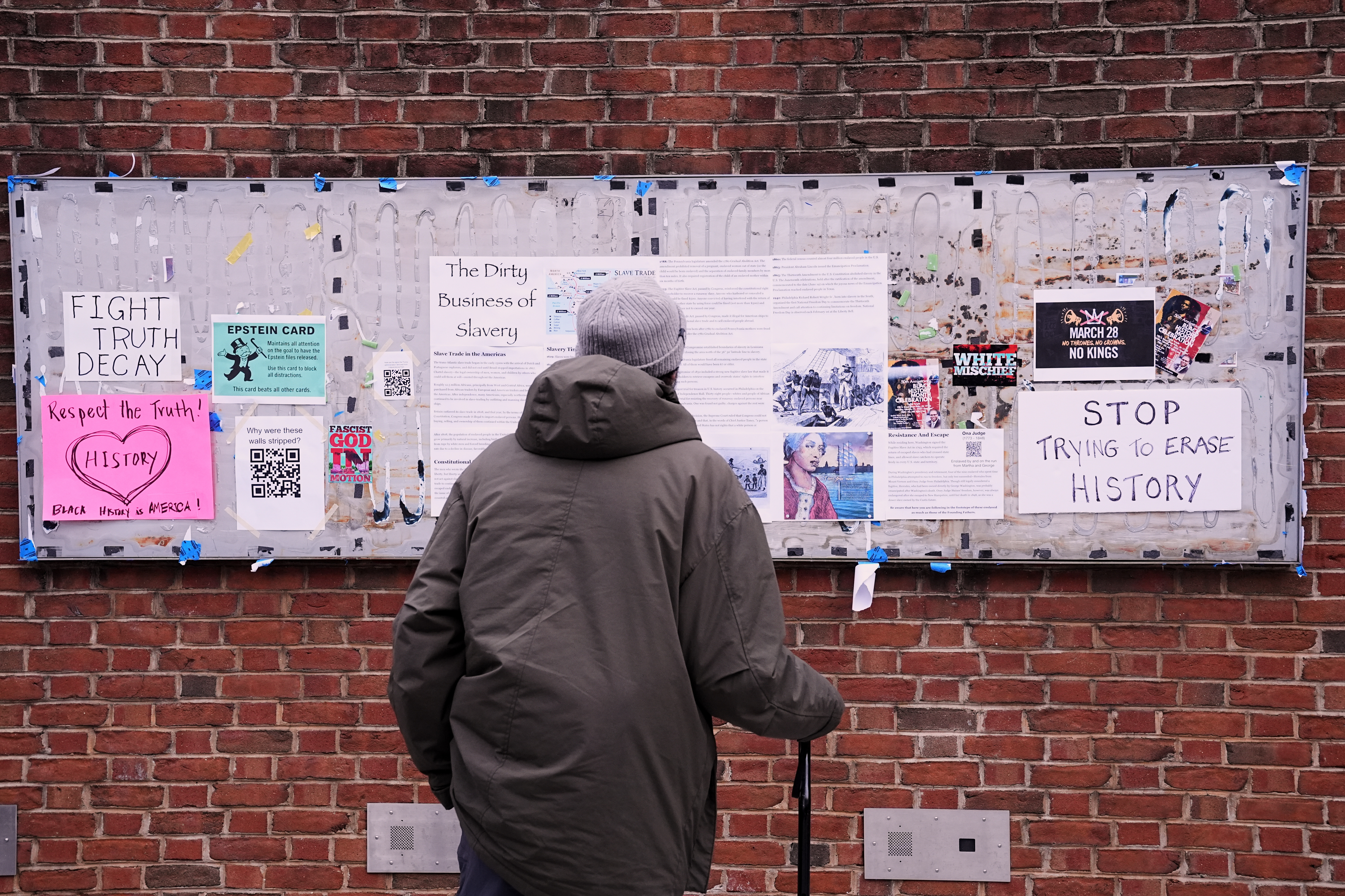 Explanatory panels that were part of an exhibit on slavery. (AP Photo/Matt Rourke)