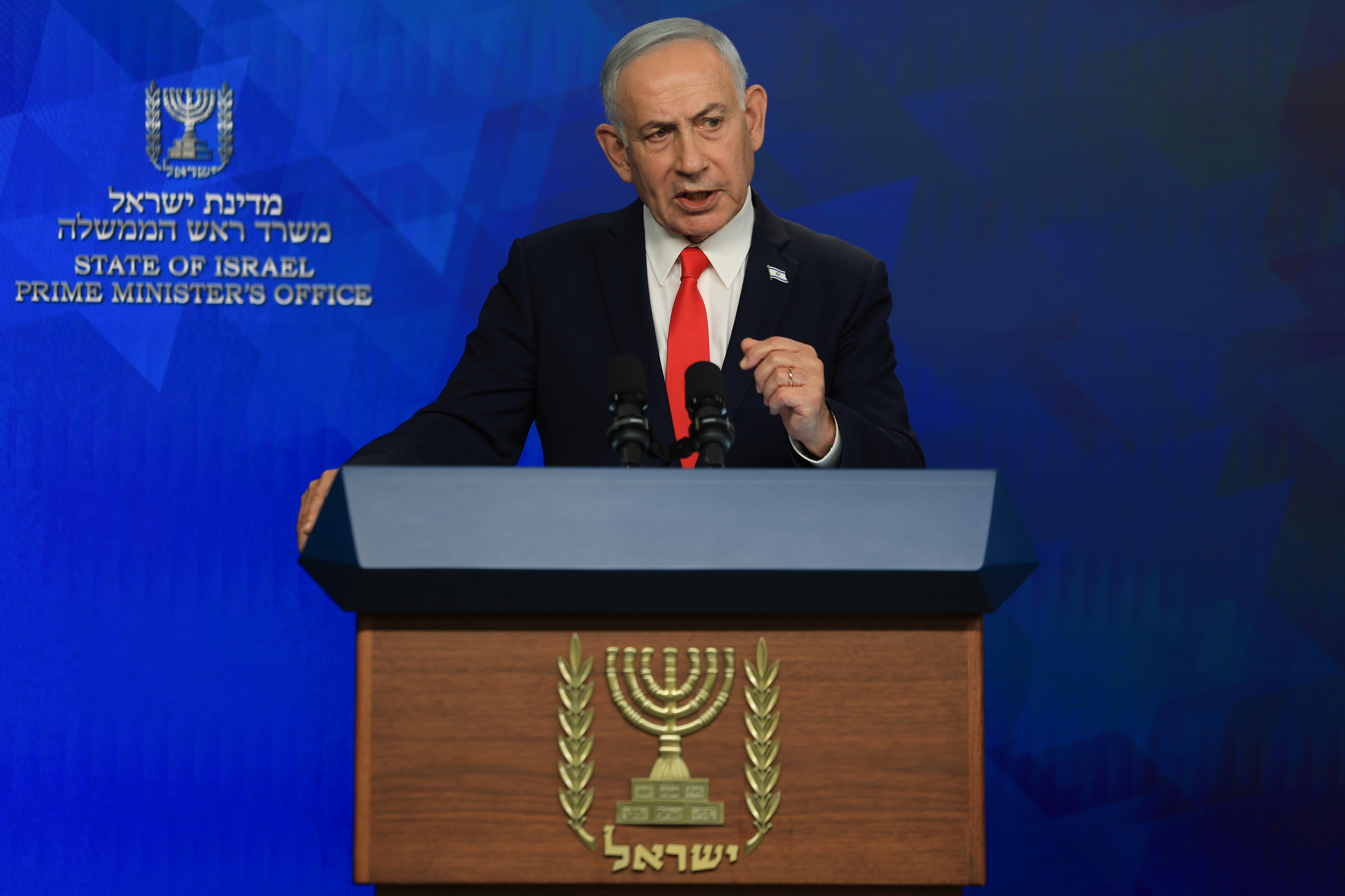 Israeli Prime Minister Benjamin Netanyahu holds a news conference, in Jerusalem, Monday June 15, 2026. (Ronen Zvulun, Pool Photo via AP)