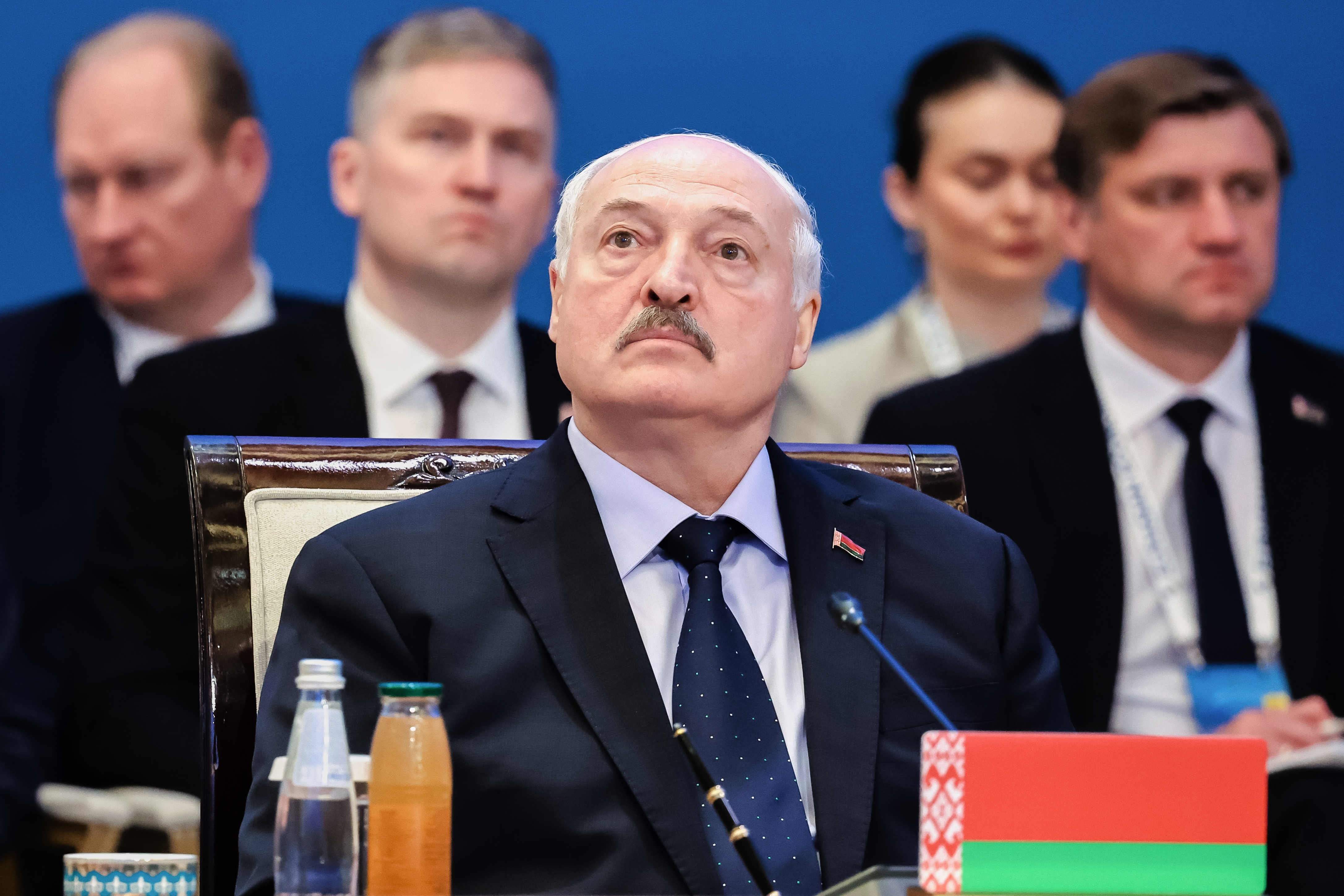 Belarusian President Alexander Lukashenko attends the Supreme Eurasian Economic Council summit at the Independence Palace in Astana, Kazakhstan, Friday, May 29, 2026. (Alexander Kazakov/Sputnik, Kremlin Pool Photo via AP)