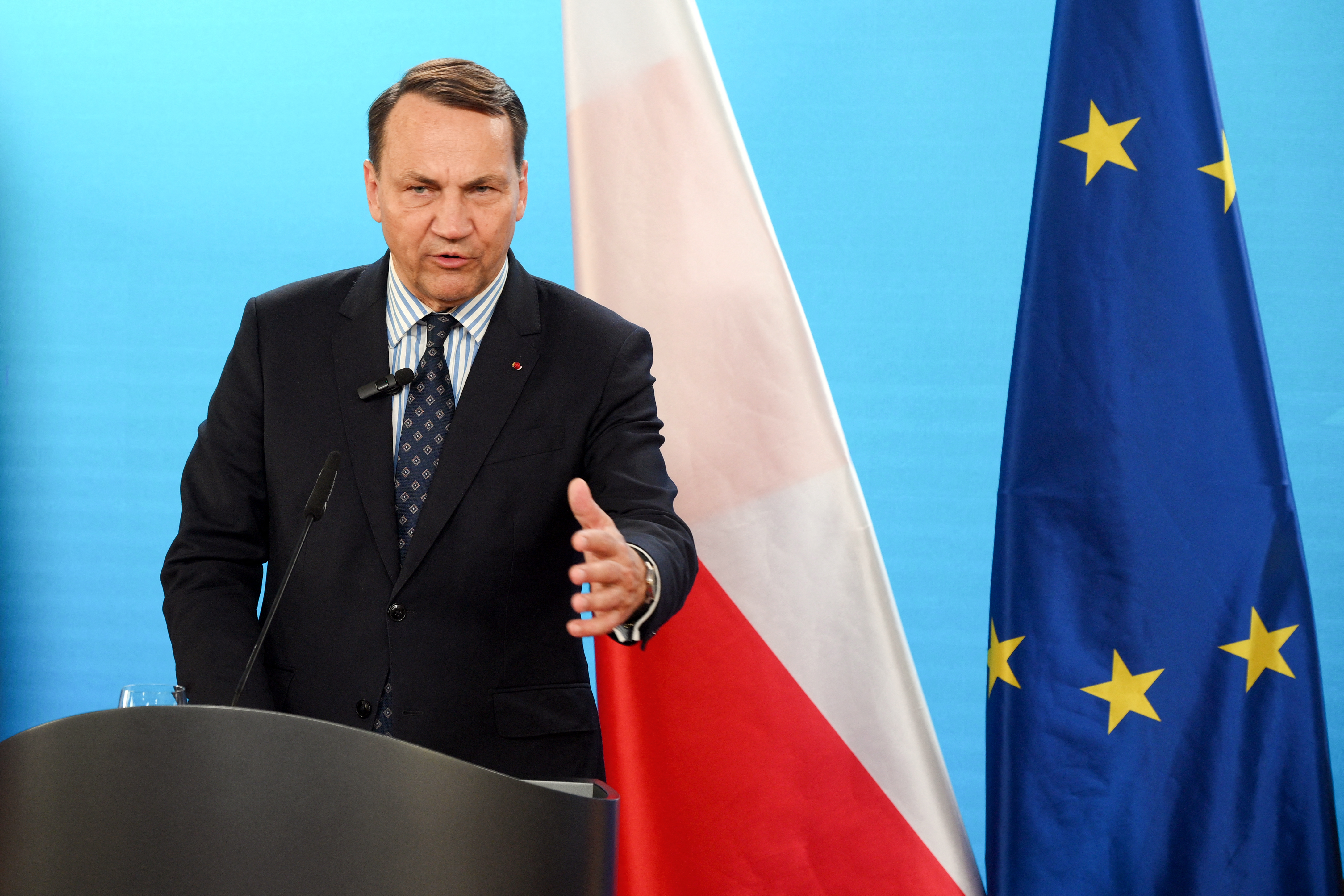Polish Foreign Minister Radoslaw Sikorski addresses a joint press conference with his German counterpart on the sidelines of the German-Polish Forum at the Foreign Ministry in Berlin on June 17, 2026. (Photo by RALF HIRSCHBERGER / AFP)