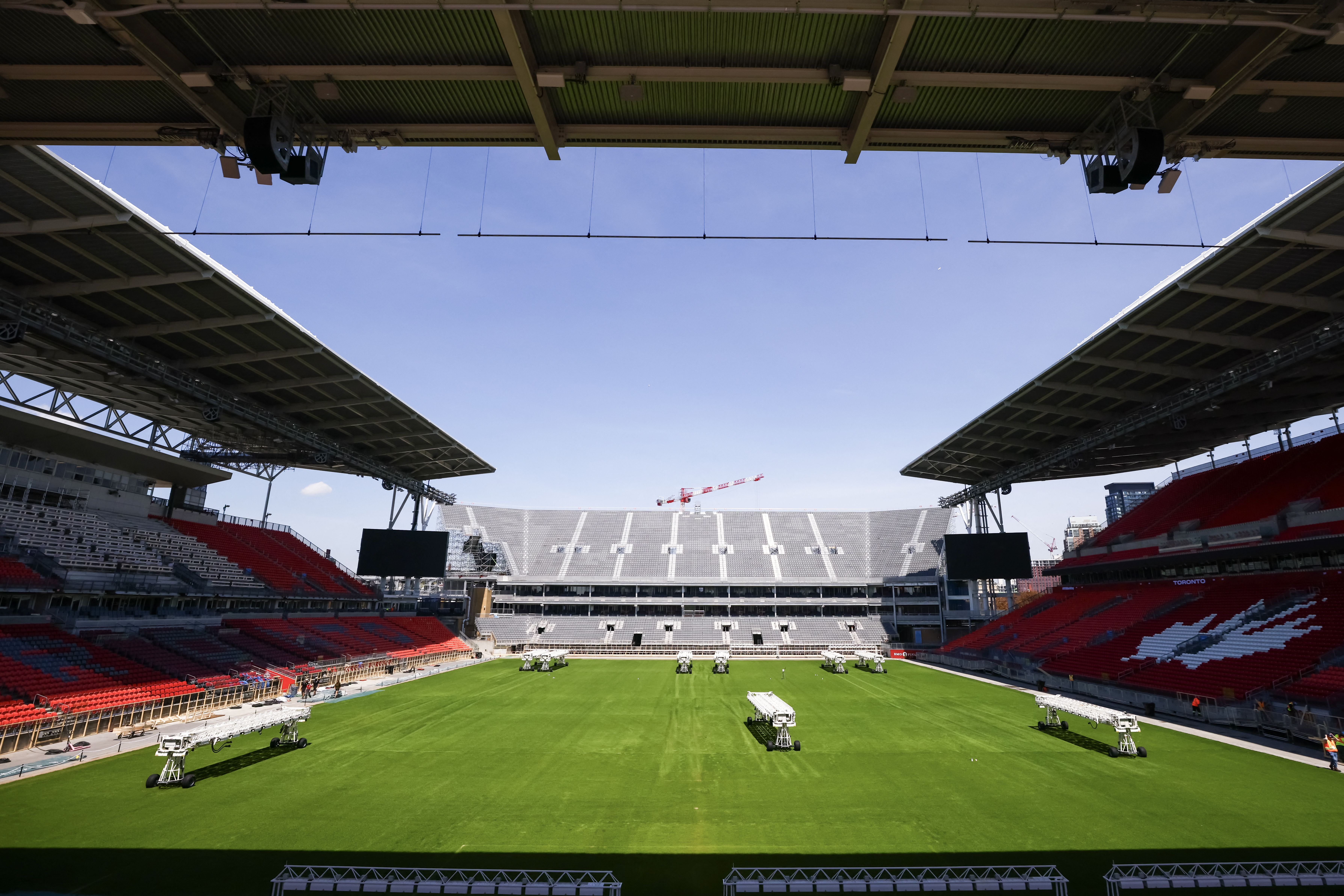 Workers prepare Toronto Stadium (temporarily renamed from BMO Field for the 2026 FIFA World Cup) in Toronto, Canada, on May 19, 2026. (Photo by Cole BURSTON / AFP)