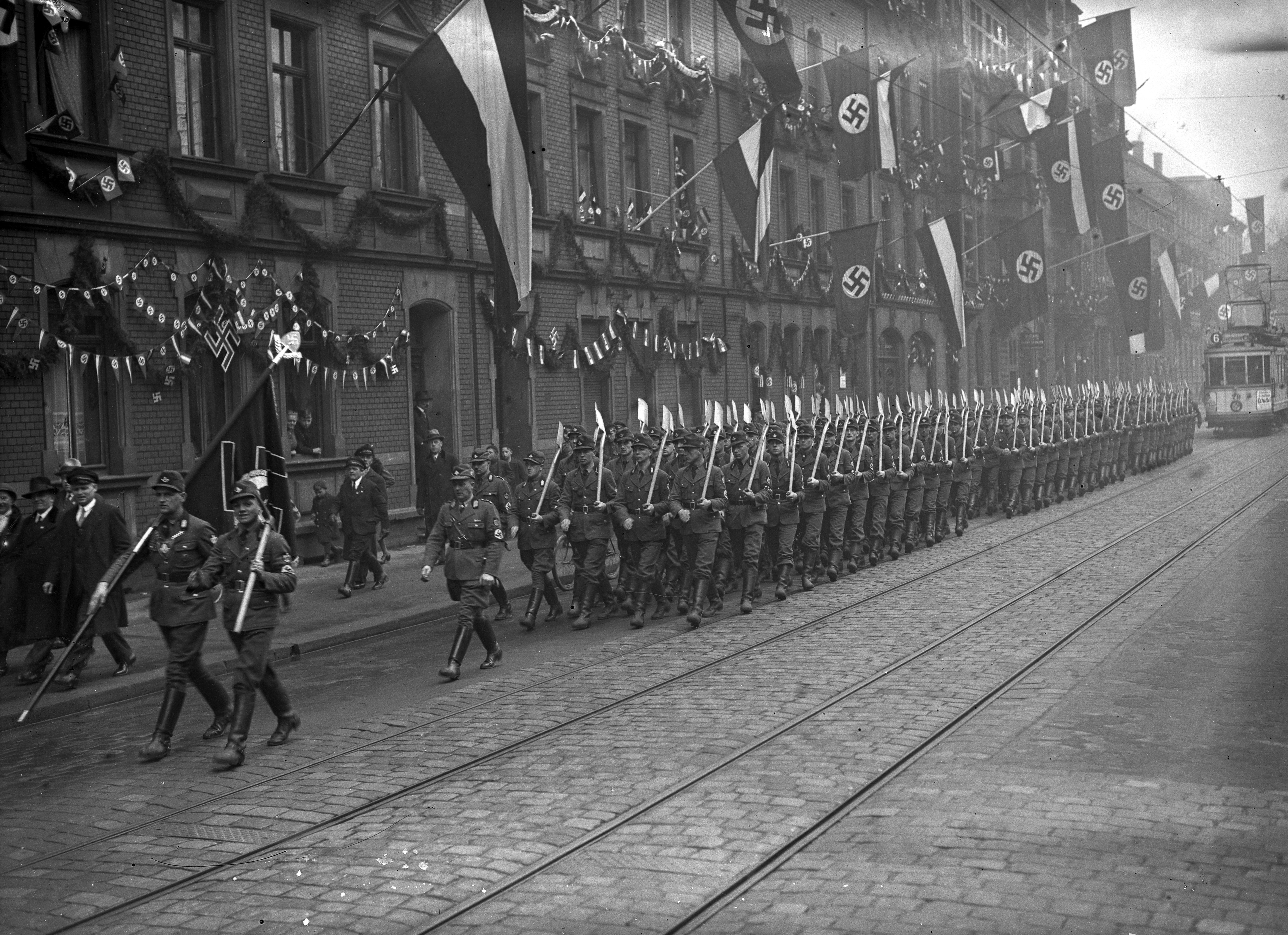 A picture dated in 1935 shows German Nazi army parading in Saarland. AFP PHOTO / FRANCE PRESSE (Photo by FRANCE PRESSE VOIR / AFP)
