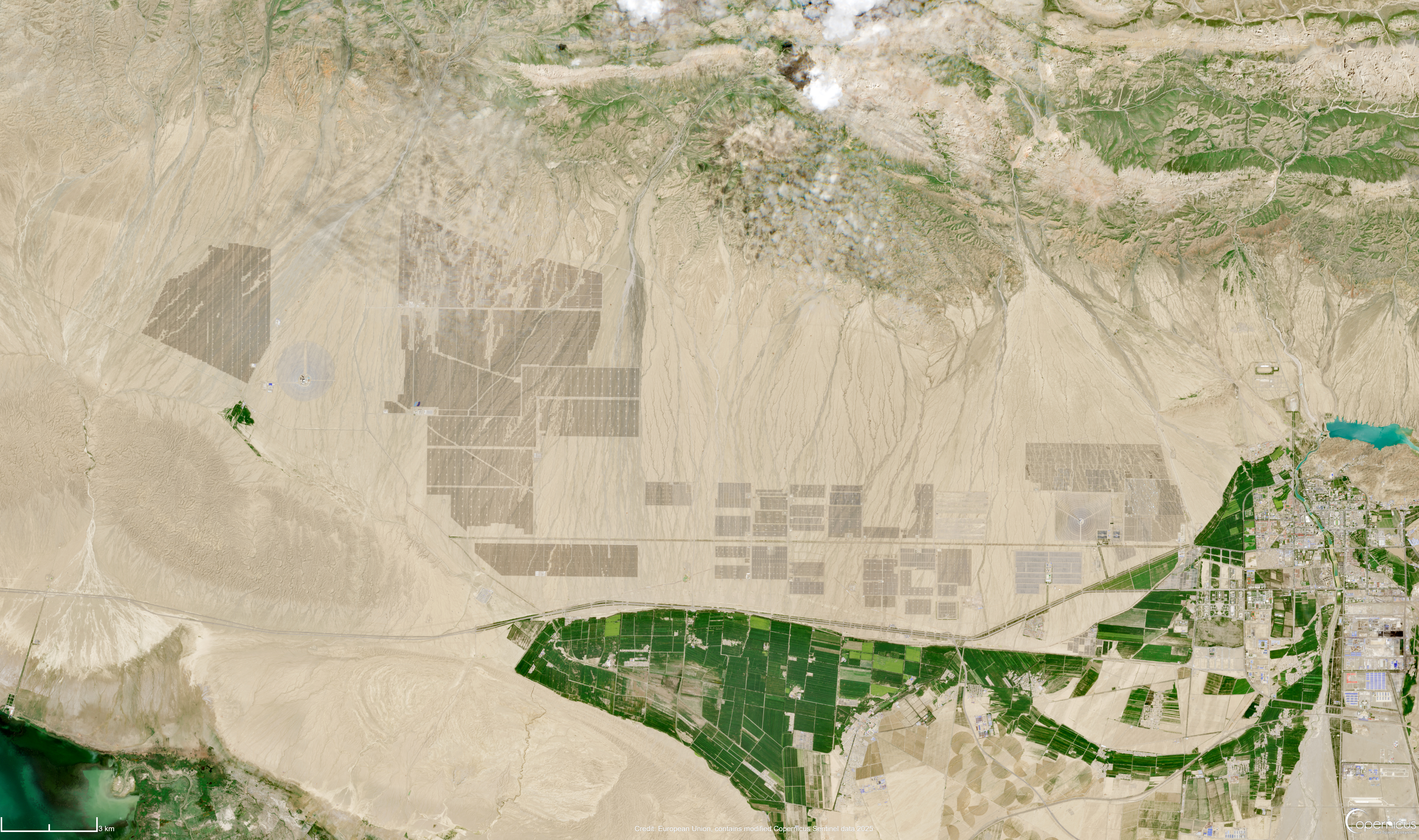 This handout satellite image from Copernicus Sentinel Data 2025 taken on July 26, 2025 and received on July 29, 2025 shows fields of solar panels at the National Energy Solar Power Power Generation Technology Research and Development Center