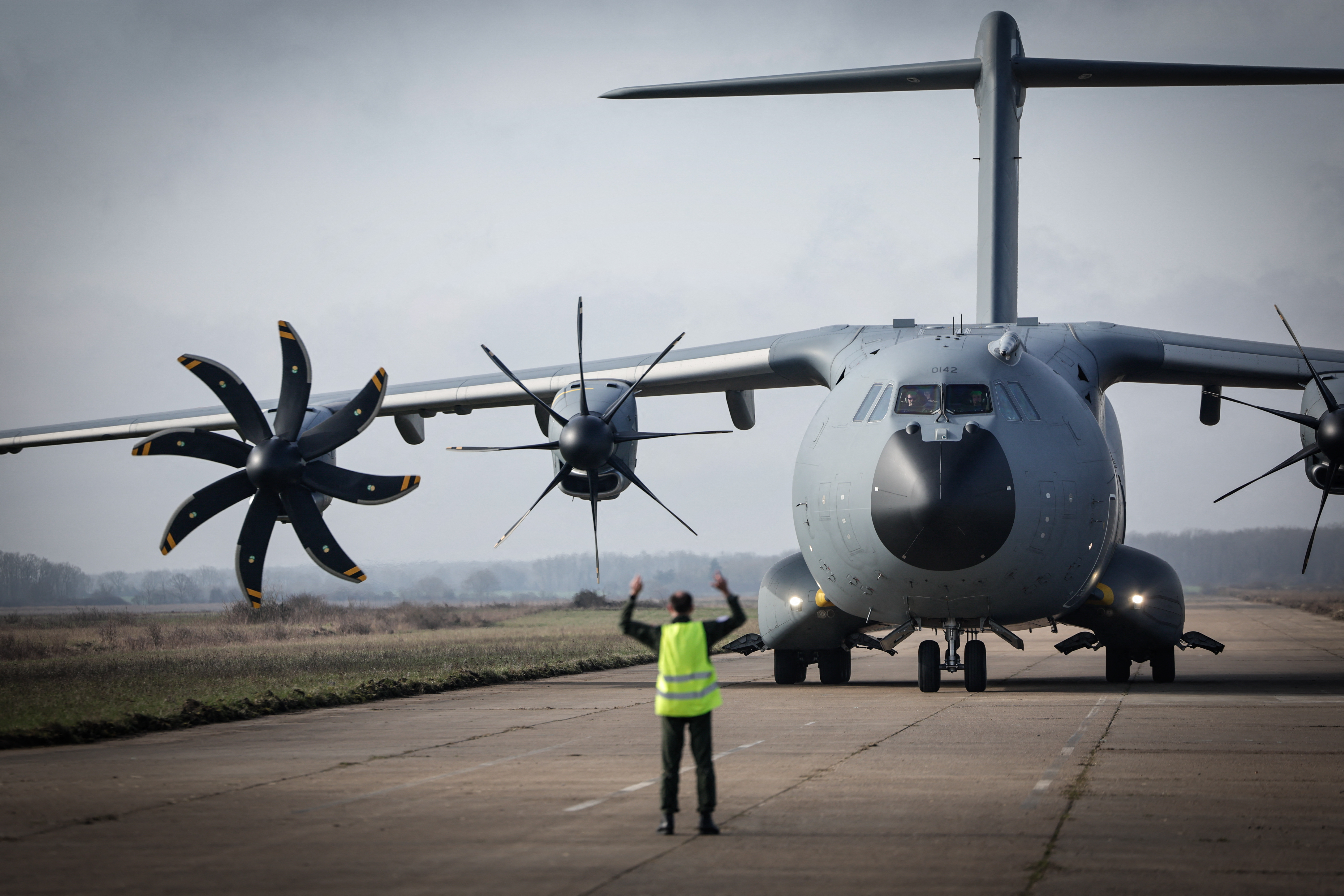 A French Air and Space Force Airbus A400M Atlas takes part in the drill named Orion in Crucey military base, next to Dreux, on February 26, 2026. (Photo by STEPHANE DE SAKUTIN / AFP)