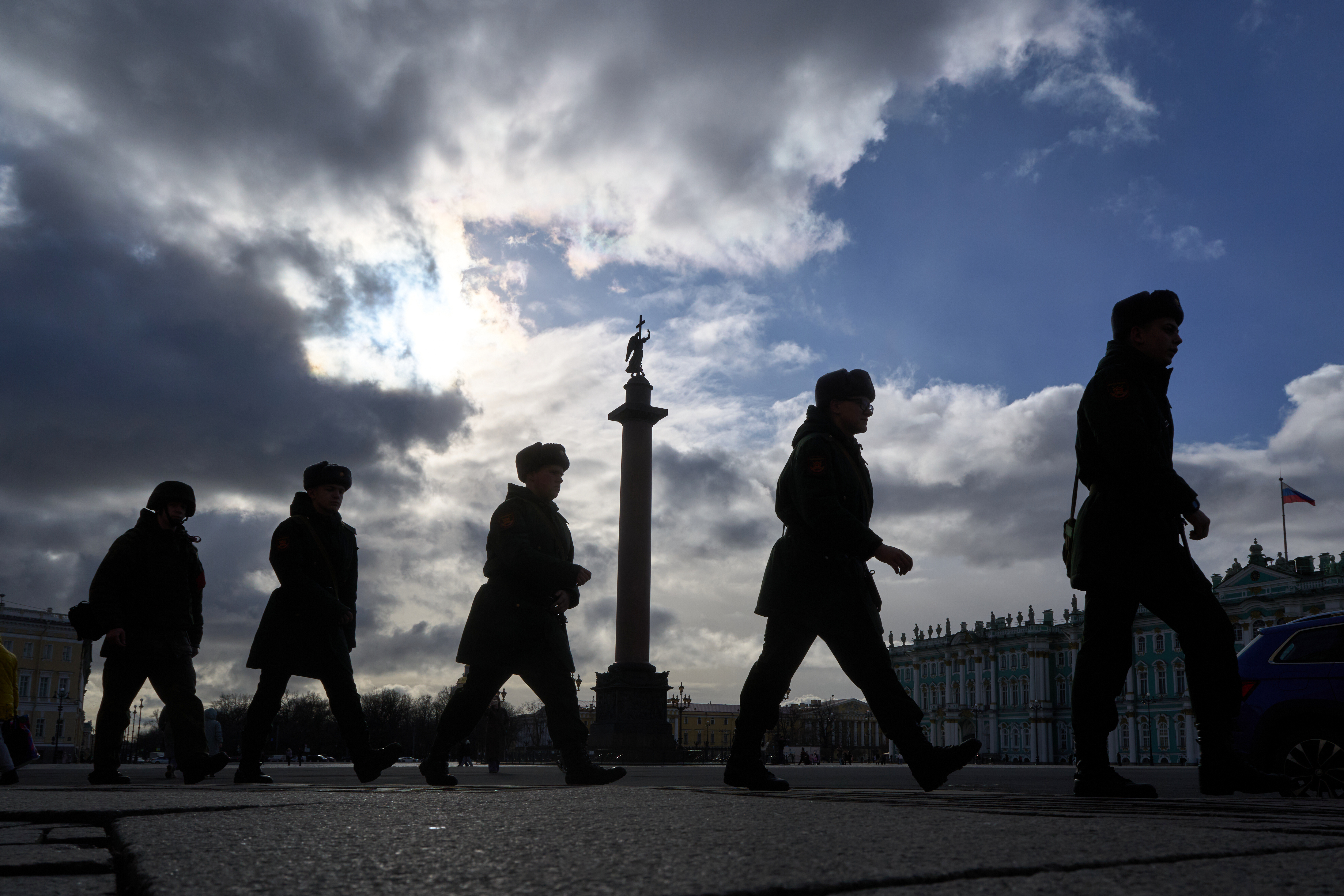 Russian army soldiers walk trough the Palace Square in St. Petersburg. (AP Photo/Dmitri Lovetsky)