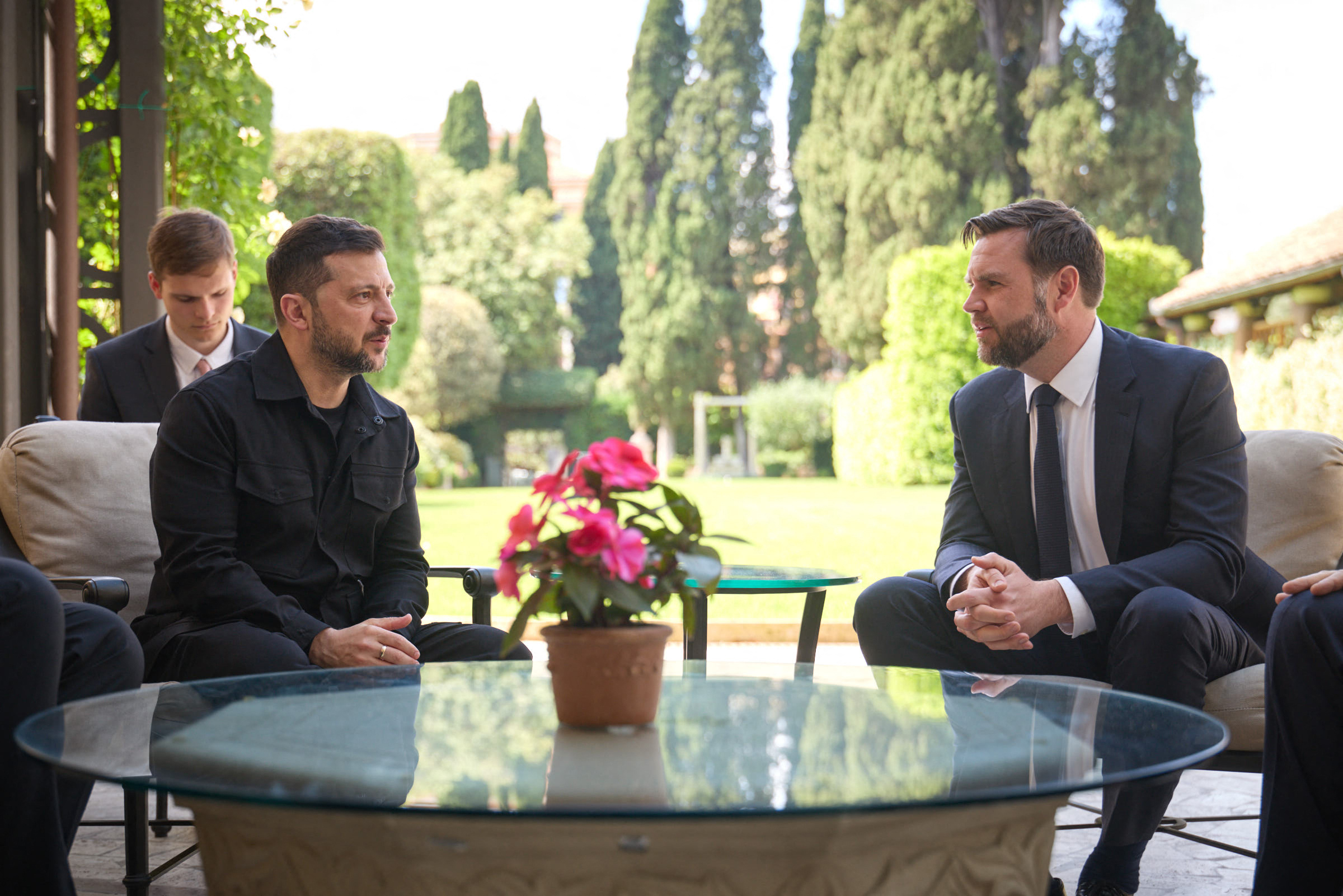 This handout photograph taken and released by Ukrainian Presidential press-service on May 18, 2025 shows the President Volodymyr Zelensky and Vice President of the United States JD Vance