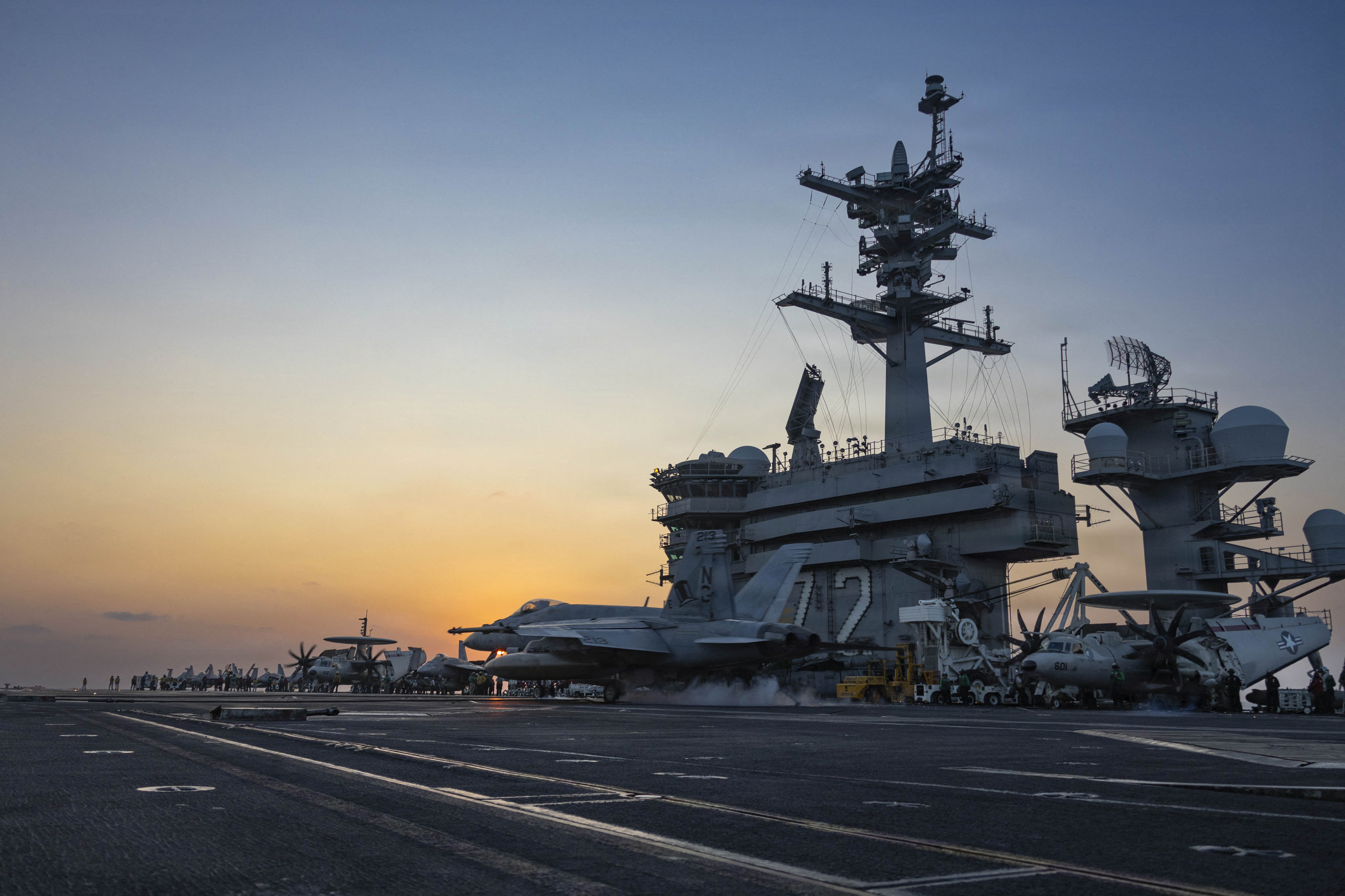 This US Navy handout photo released on March 6, 2026, by US Central Command Public Affairs shows an F/A-18E Super Hornet, attached to Strike Fighter Squadron (VFA) 14