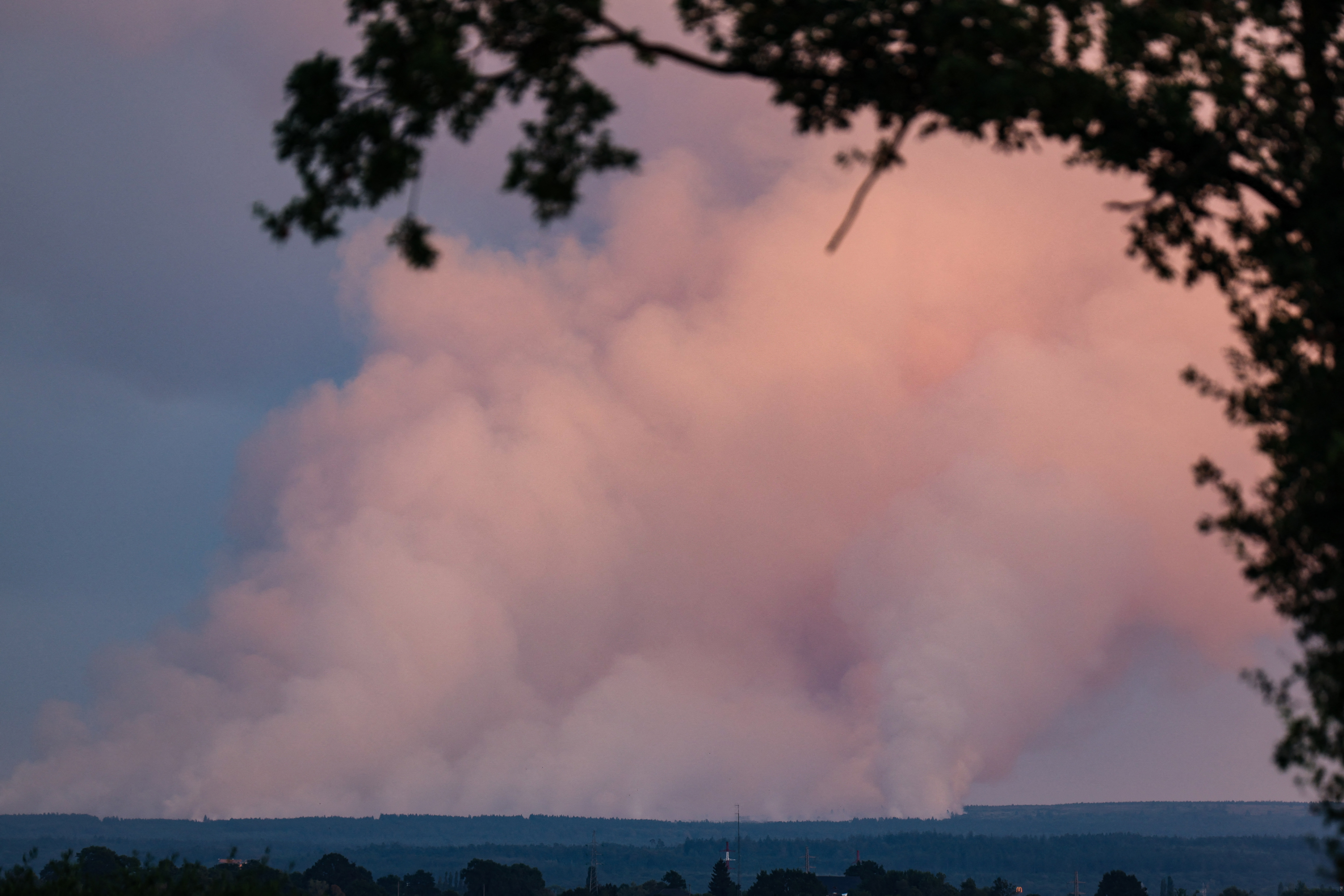 This photograph shows a plume of smoke rising into the sky during a wildfire in the Hautes Fagnes (High Fens) nature reserve in Lontzen on August 14, 2026. (Photo by NATACHA FREISEN / Belga / AFP) / Belgium OUT