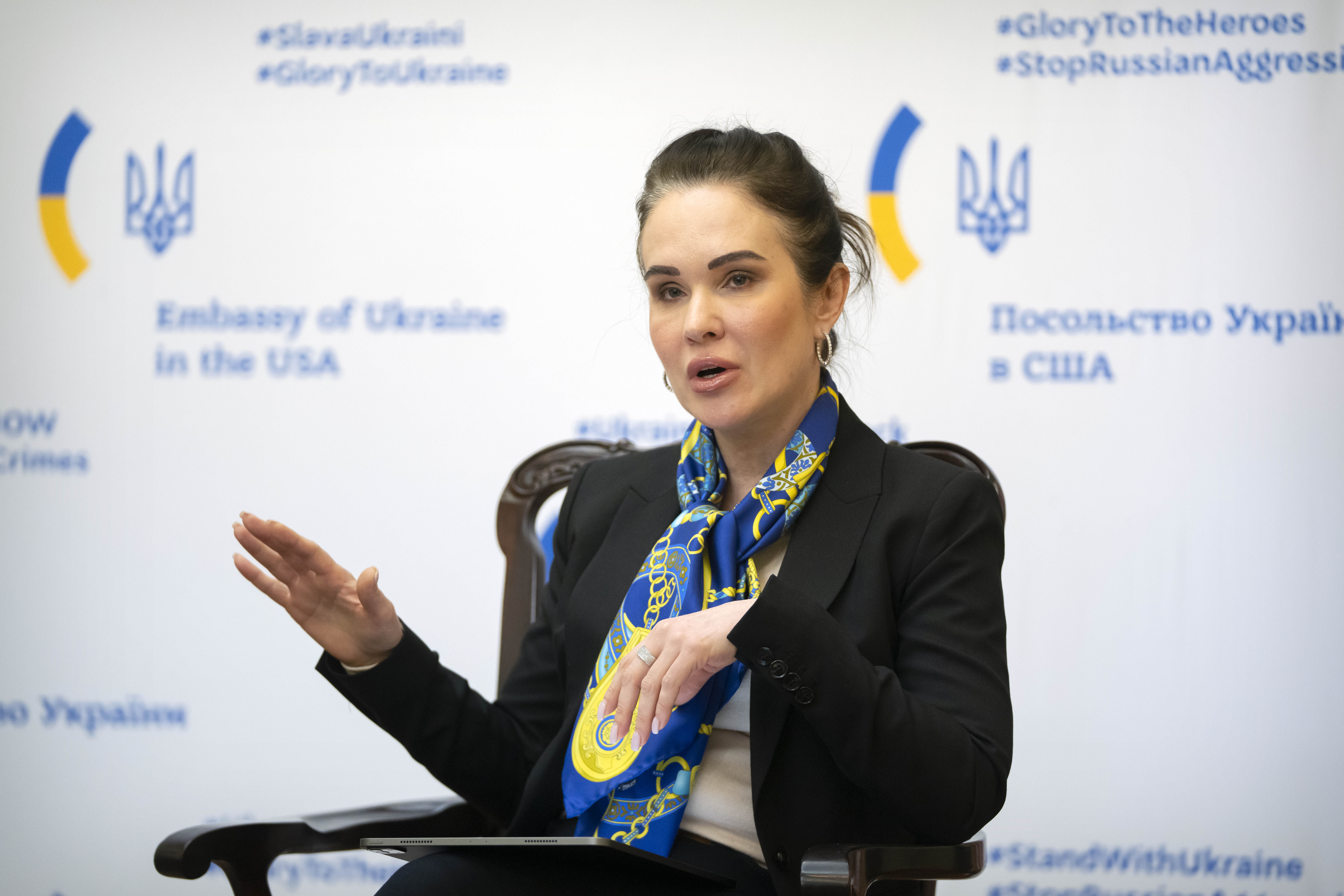 Ukraine's Deputy Minister of Justice Iryna Mudra speaks during a press conference at the Embassy of Ukraine on Wednesday, March 13, 2024, in Washington.