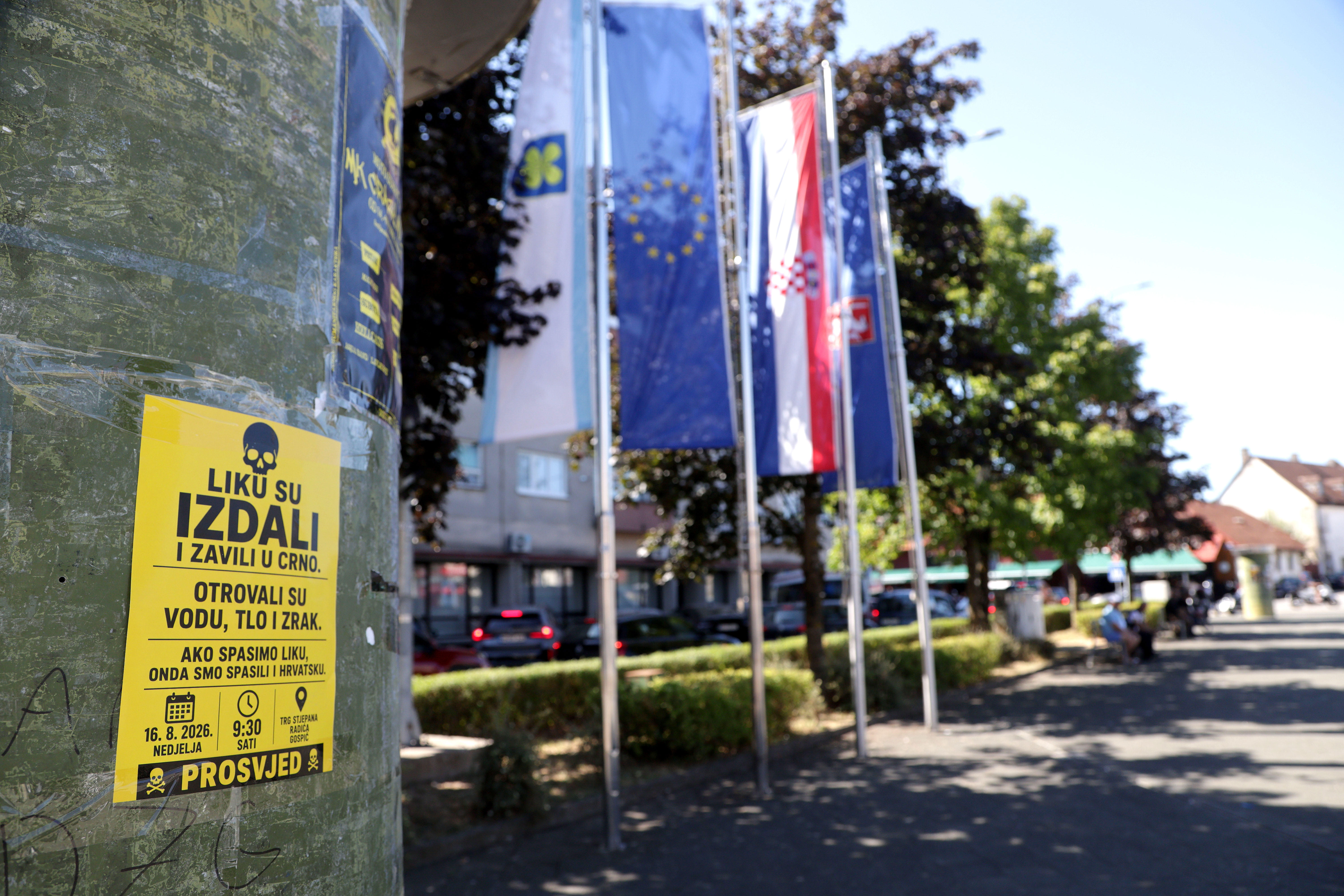 13.08.2026., Gospic - U Gospicu zaljepljeni su novi plakati koji pozivaju gradjane na prosvjed. Prosvjed organizira udruga "Gospic bez otrova", te ce se odrzati ovu nedjelju (16.08.) u 9:30 ujutro na Trgu Stjepana Radica. Photo: Marko Seper/PIXSELL