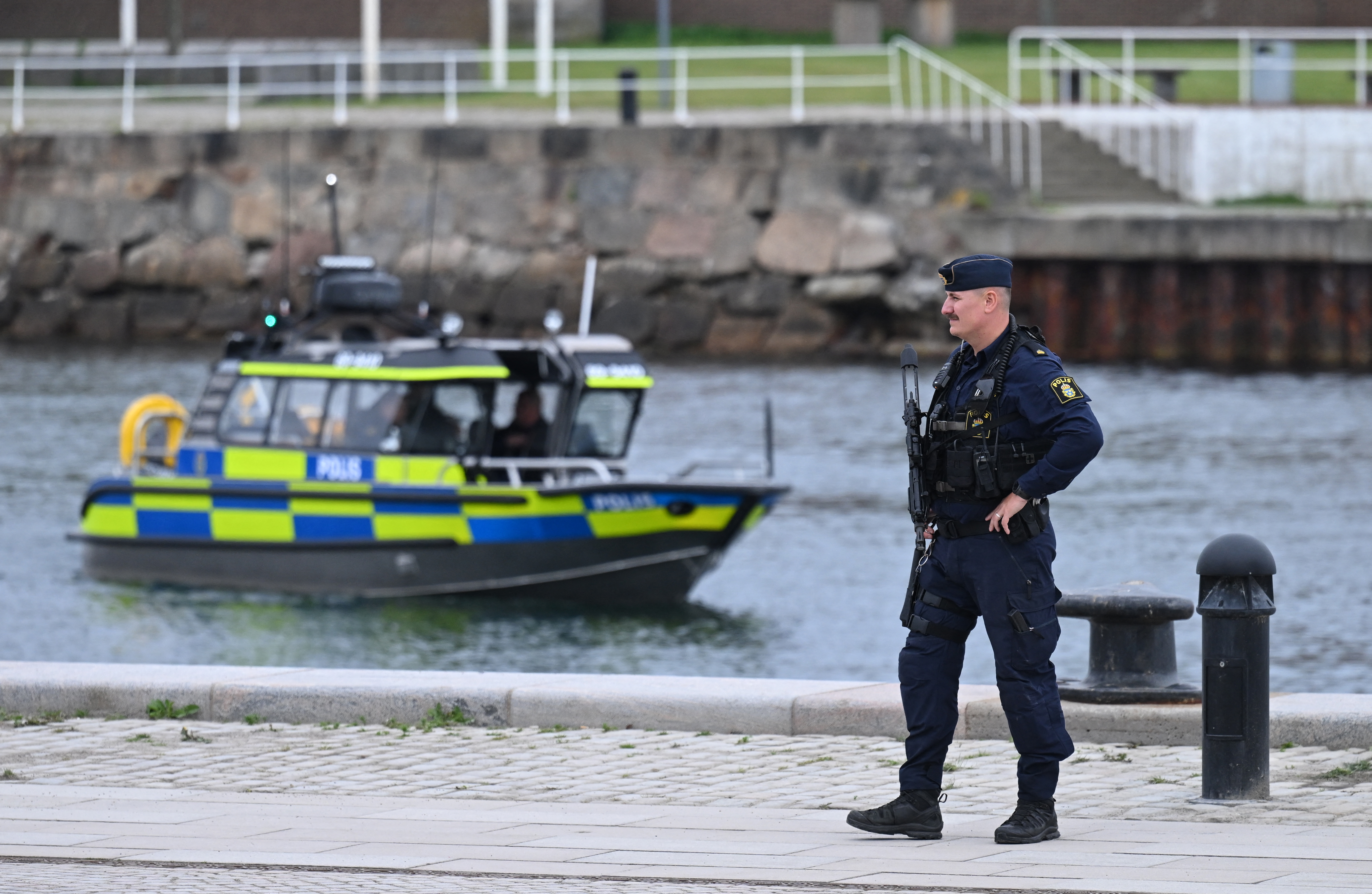 Police guards at the NATO Foreign Ministers' meeting in Helsingborg, Sweden, on May 22, 2026.