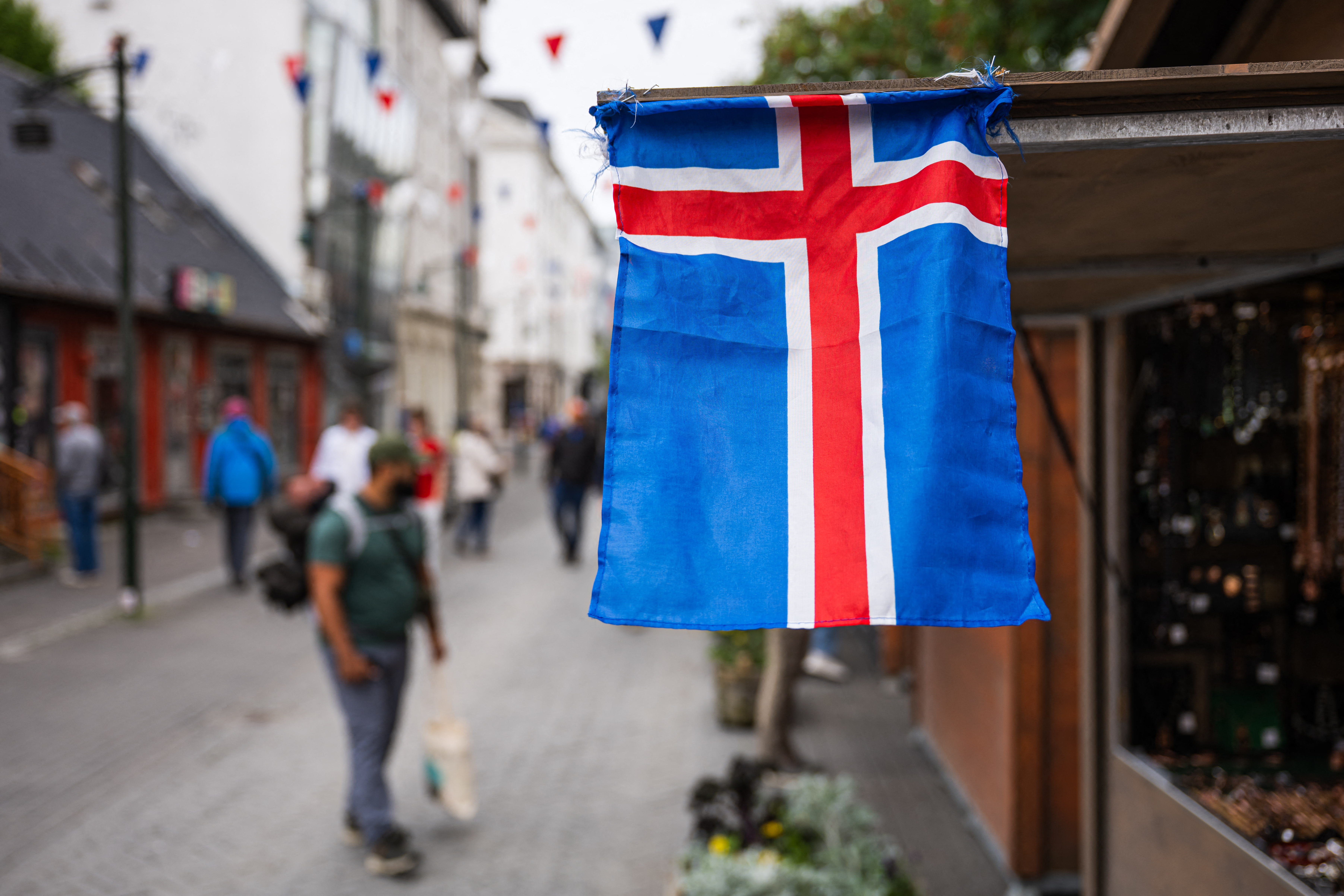This image taken on August 25, 2026 shows an Icelandic flag displayed along a street in central Reykjavik, Iceland, ahead of the country’s upcoming referendum.