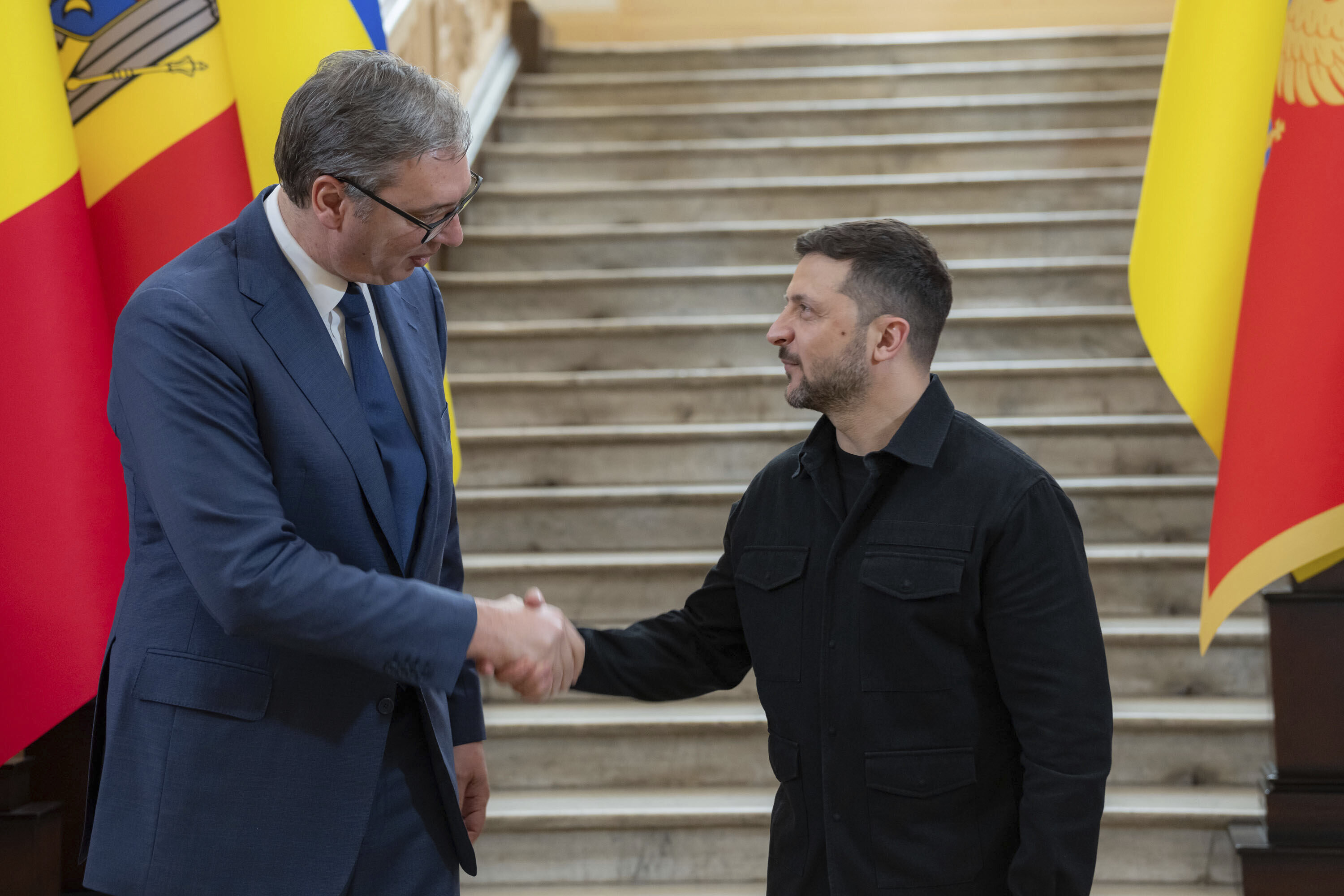 Ukraine's President Volodymyr Zelenskyy welcomes Serbian President Aleksandar Vucic. (Ukrainian Presidential Press Office via AP)