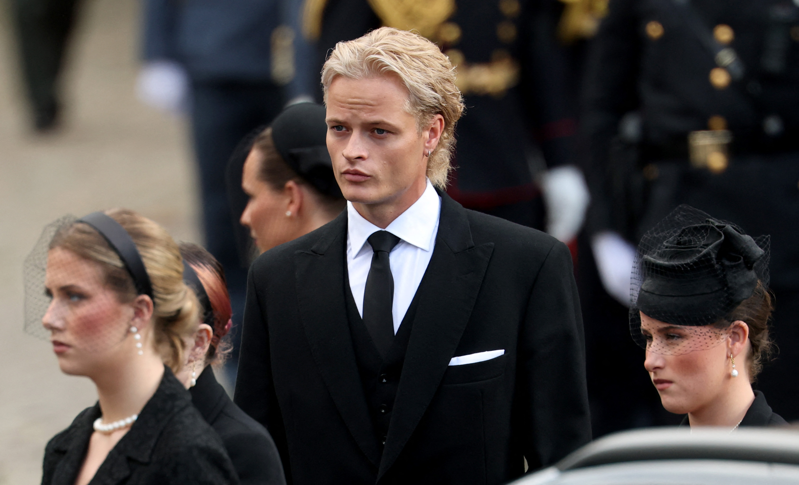 (L-R) Leah Isadora Behn, Maud Angelica Behn (hidden), the son of Queen Mette-Marit of Norway Marius Borg Hoiby and Emma Tallulah Behn leave the church at the end of the funeral service for Norway's late King Harald V at the Oslo Cathedral in Oslo, Norway