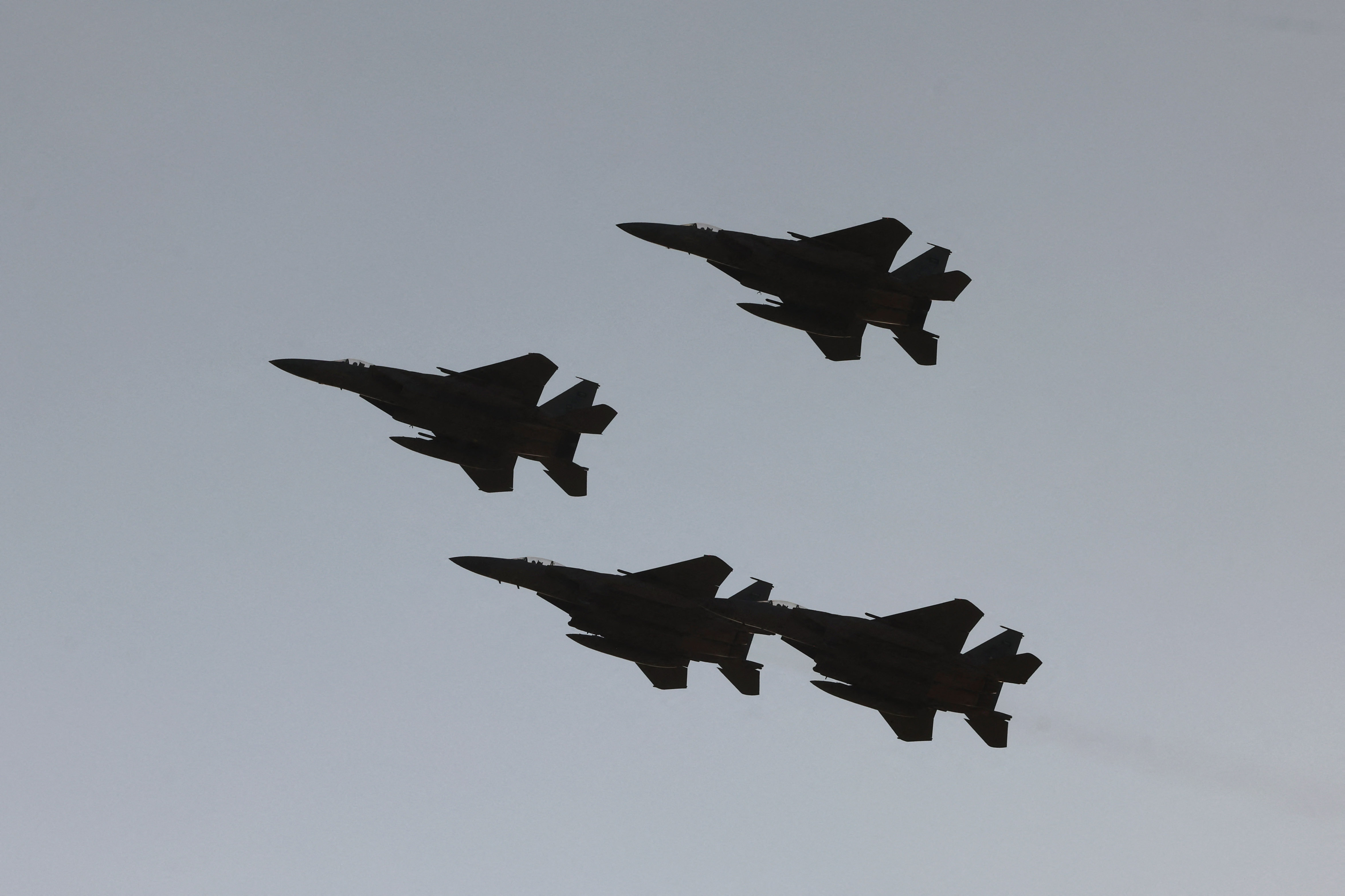 Royal Saudi Air Force fighter aircrafts fly over during an airshow marking Saudi Arabia's 95th National Day celebrations in Banban at the edges of Riyadh on September 23, 2025.