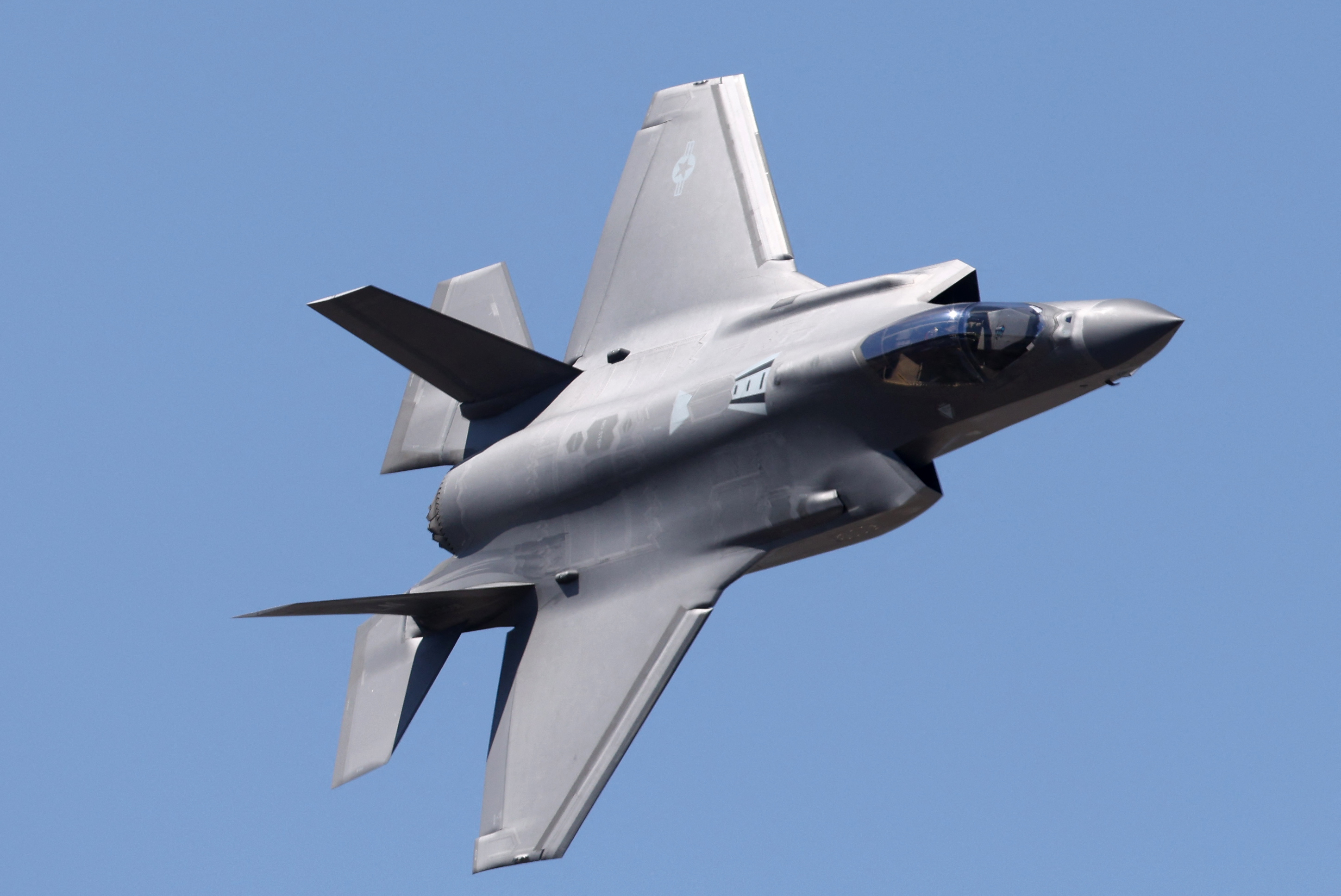 A Lockheed Martin F-35 Lightning II is flown as part of a display on the opening day of the Farnborough International Airshow 2026 in in Farnborough, south-west of London, on July 20, 2026