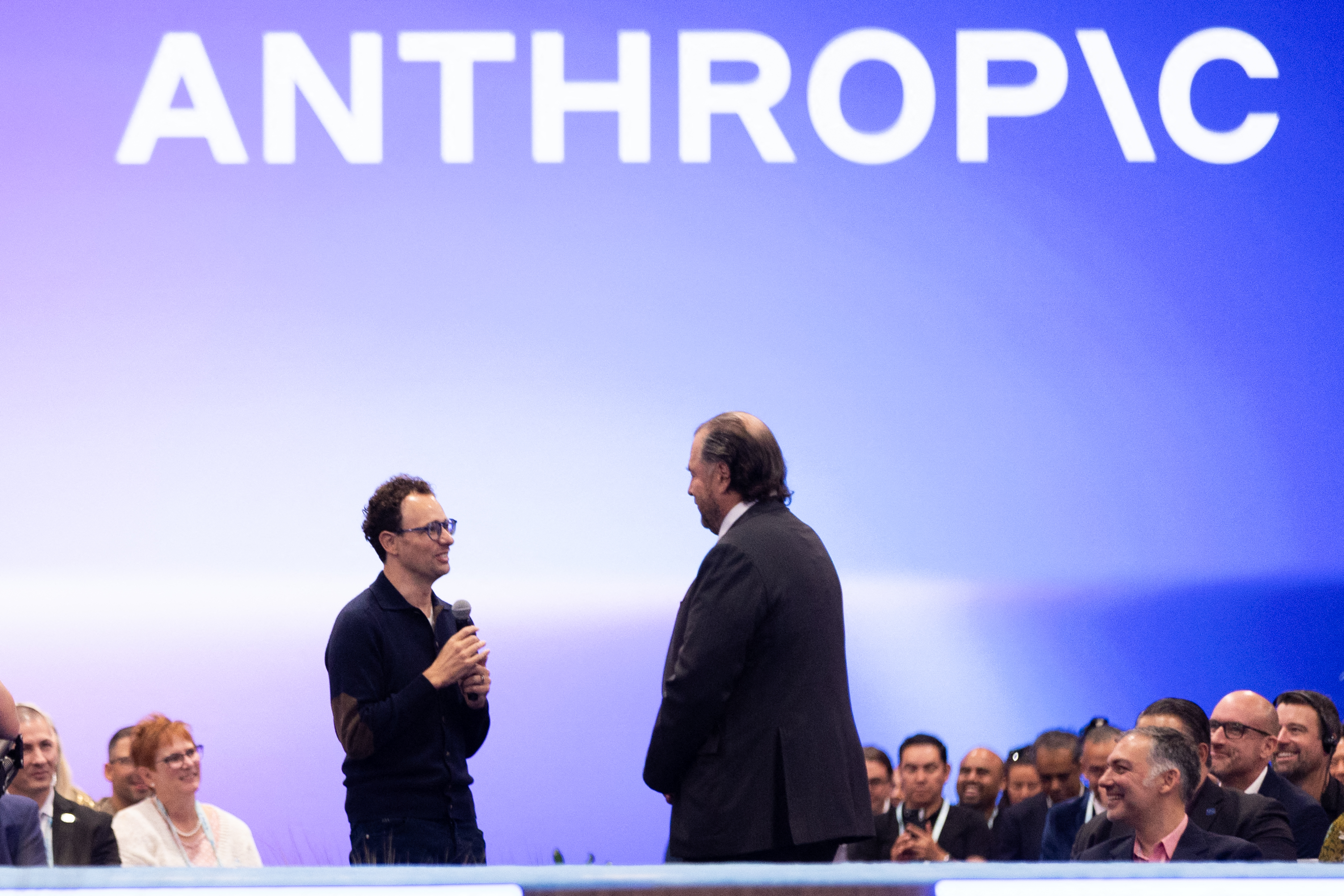 SAN FRANCISCO, CALIFORNIA - SEPTEMBER - 15: Anthropic CEO Dario Amodei, left, speaks with Salesforce CEO Marc Benioff during the keynote address at Salesforce's Dreamforce conference at the Moscone Center on September 15, 2026