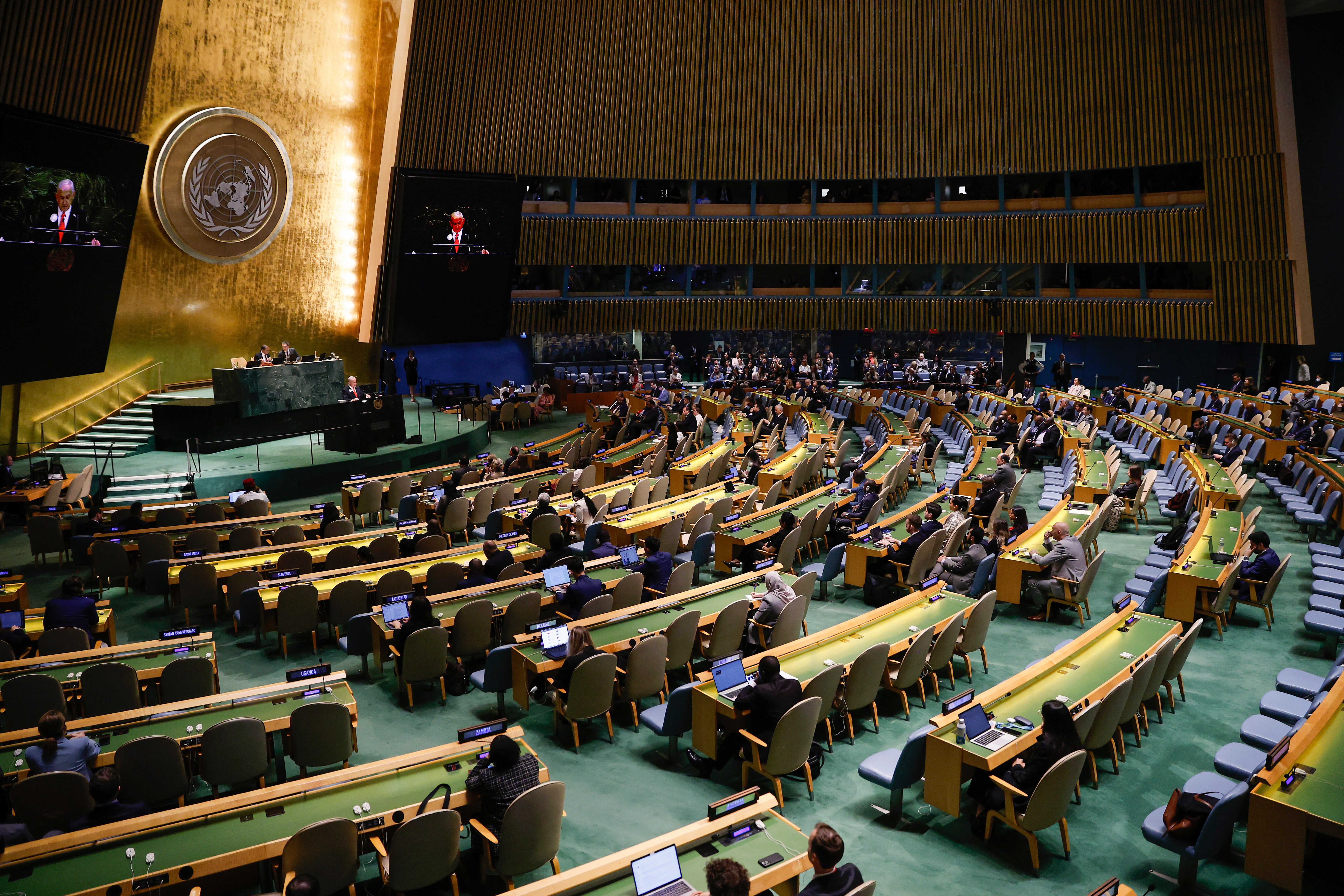 Benjamin Netanyahu speaks during the 80th session of the United Nations General Assembly. (AP Photo/Stefan Jeremiah)