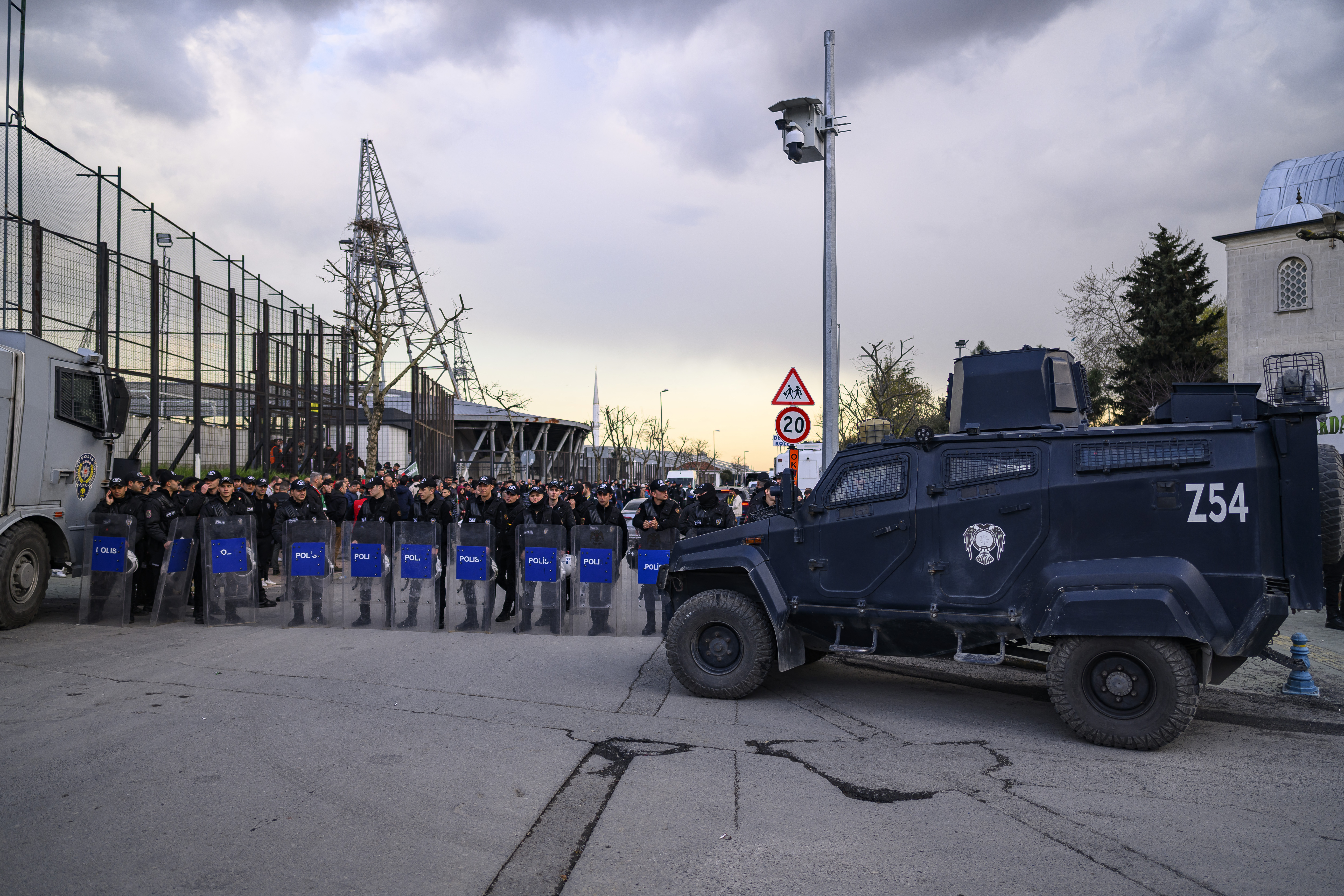 Turkish riot police stand outside the Esenler Erokspor Stadium ahead of the Trendyol League football match between Amedspor and Esenler Erokspor in the Esenler district of Istanbul