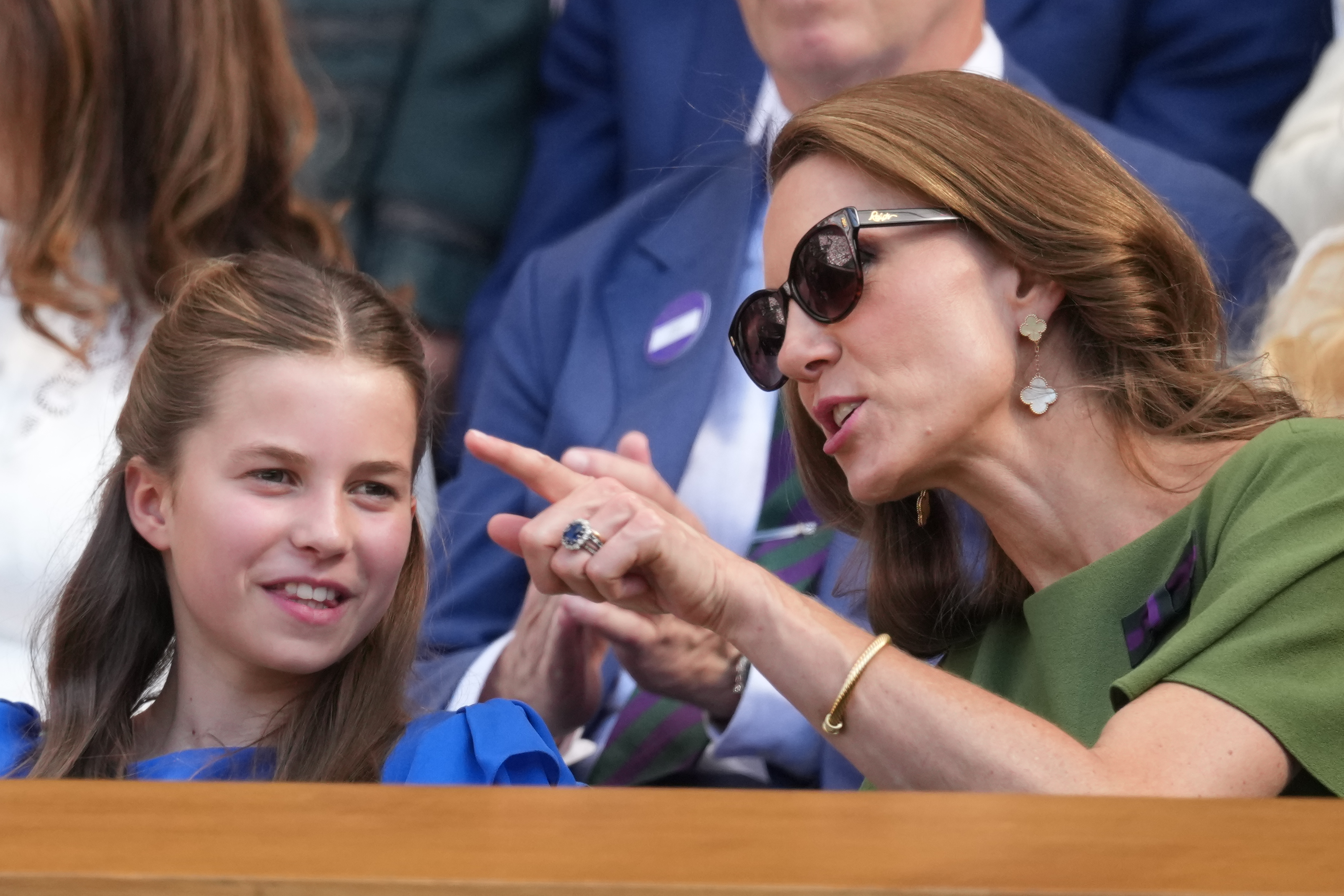 Kate, Princess of Wales, and her daughter Princess Charlotte in the Royal Box to watch the men's singles final on day 14 of the Wimbledon Tennis Championships in London, Sunday, July 12, 2026.
