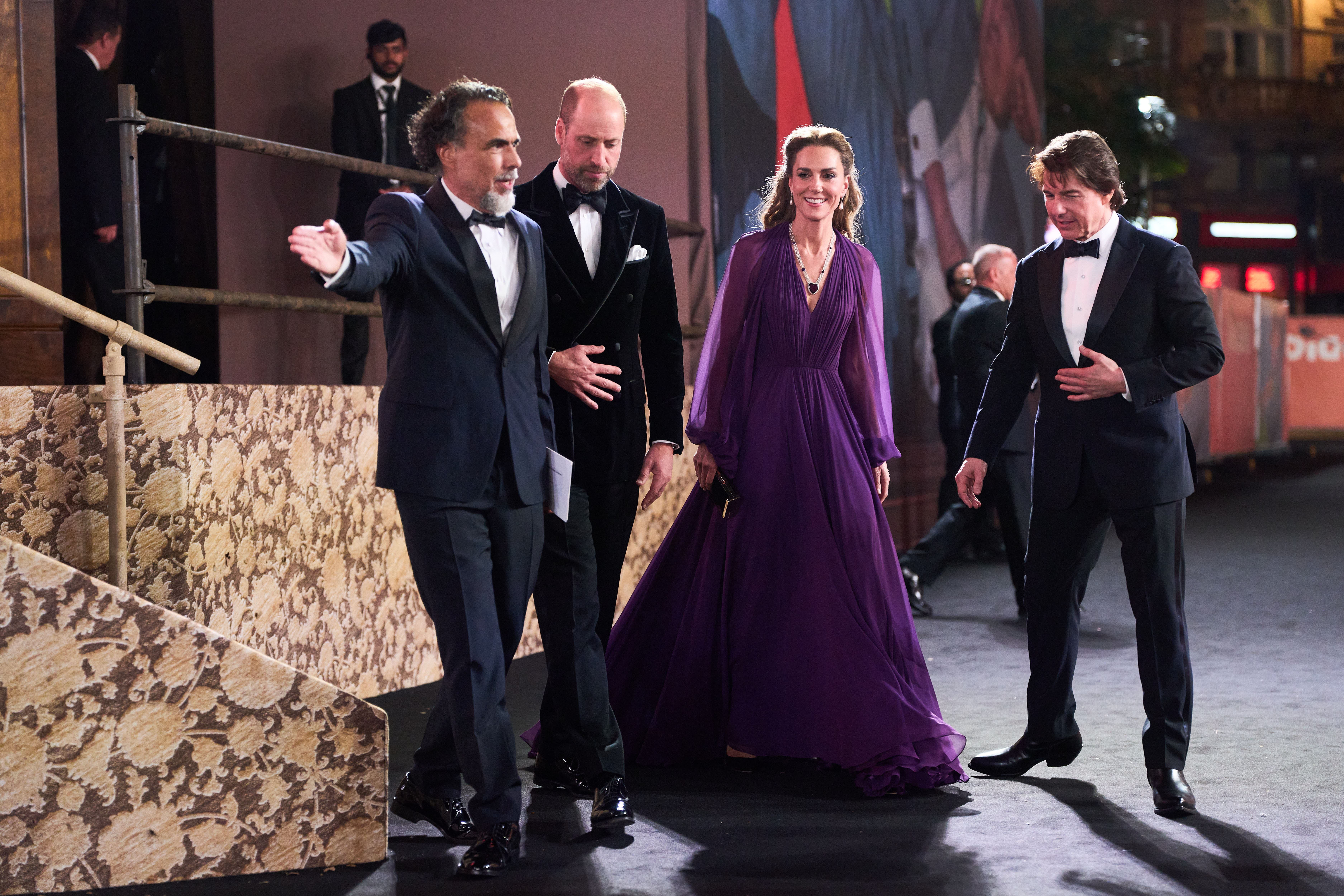 Director Alejandro G. Iñárritu, from left, Britain's Prince William, Britain's Kate, Princess of Wales and Tom Cruise at the World premiere for the film "Digger" in London