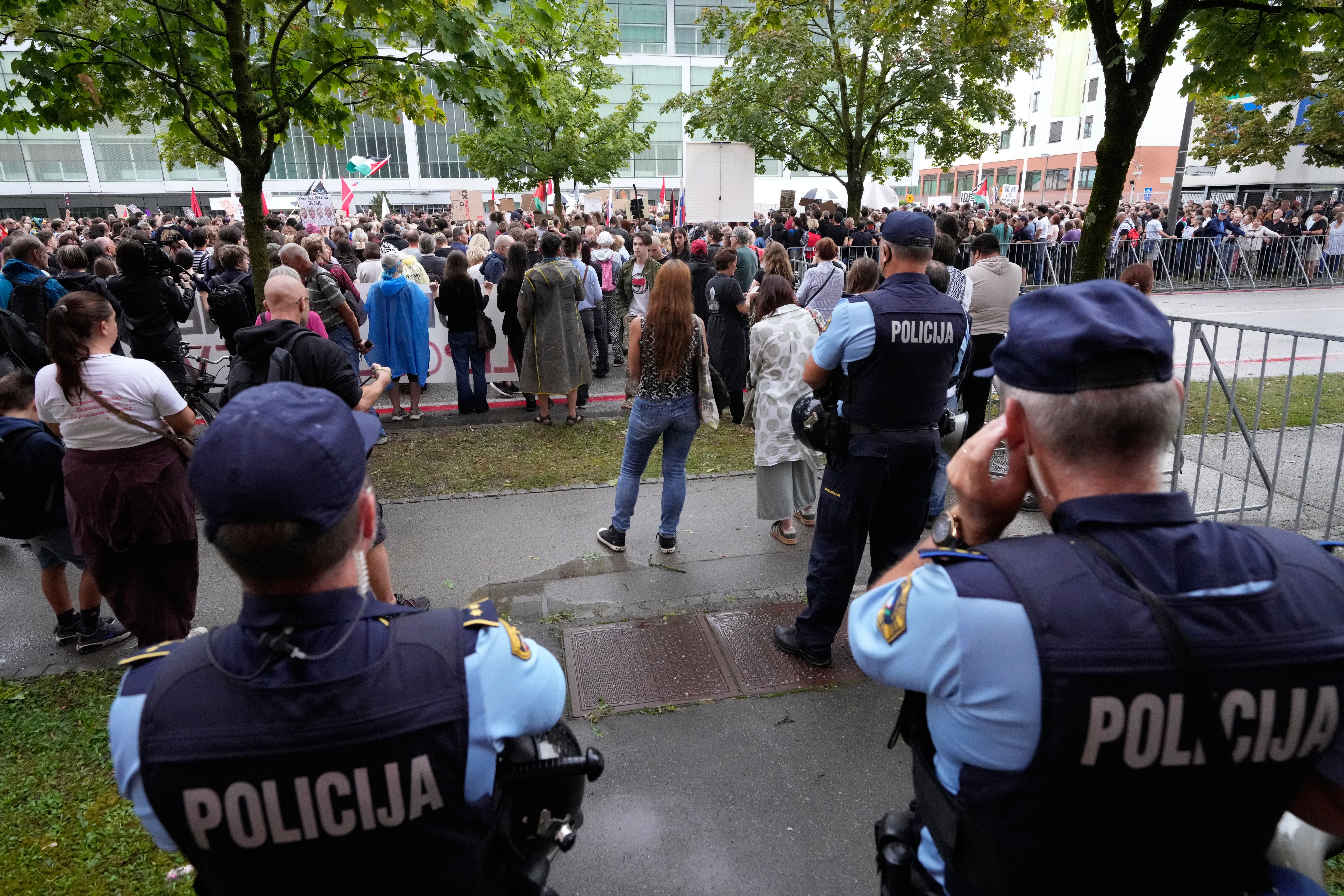 Slovenian police stand guard during a pro-Palestine protest outside the newly opened Israeli embassy in Ljubljana, Slovenia, Wednesday, Sept. 9, 2026. (AP Photo/Darko Bandic)