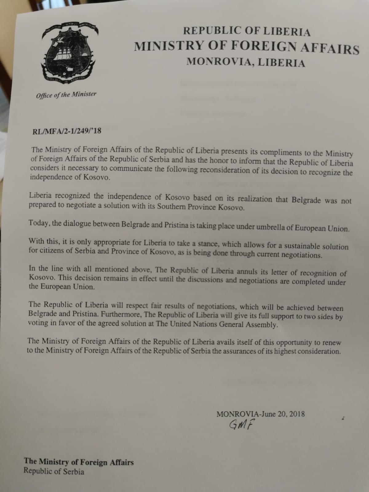 Liberija priznanje Kosova