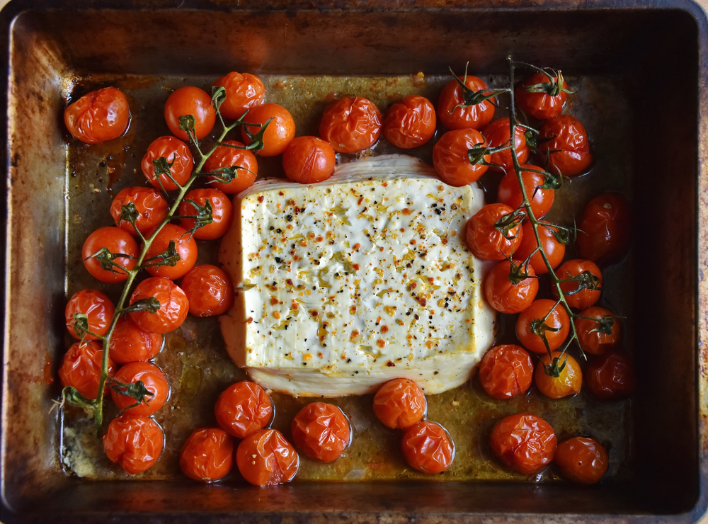 Oven,Baked,Feta,Pasta.,Greek,Feta,Cheese,And,Tomatoes,In