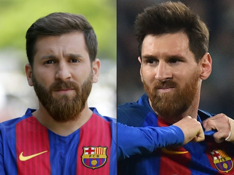 (COMBO) This combination of pictures created on May 08, 2017 shows (L) Reza Parastesh, a doppelganger of Barcelona and Argentina's footballer Lionel Messi, poses for a picture in a street in Tehran on May 8, 2017, and (R) Barcelona's Argentinian forward Lionel Messi reactimg during the UEFA Champions League quarter final first leg football match Juventus vs Barcelona, on April 11, 2017 at the Juventus stadium in Turin.,Image: 331647490, License: Rights-managed, Restrictions: TO GO WITH AFP STORY BY ALI NOORANI, Model Release: no, Credit line: Atta KENARE / AFP / Profimedia