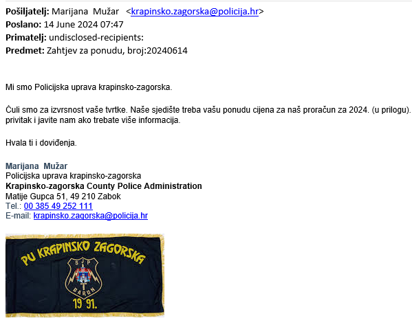 Iz policijske uprave krapinsko-zagorske upozoravaju građane na prevaru koja se širi putem maila.