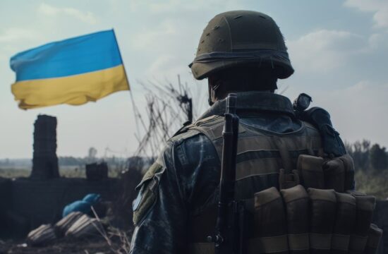 vojnik s kacigom na glavi ispred ukrajinske zastave