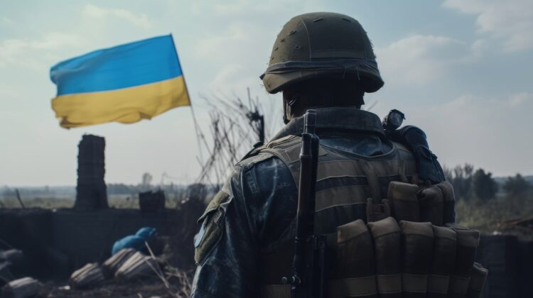 vojnik s kacigom na glavi ispred ukrajinske zastave