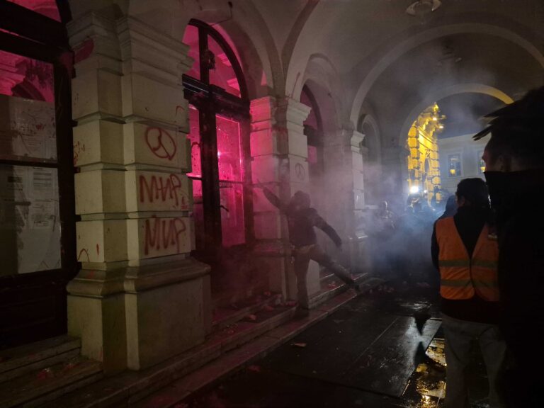 Prosvjednik baca nešto na ulaz u Gradski dom u Novom Sadu