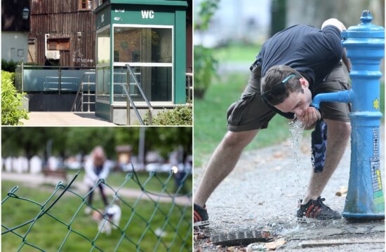 kolaž fotografija javni WC, park za pse i ulična pumpa za vodu u Zagrebu